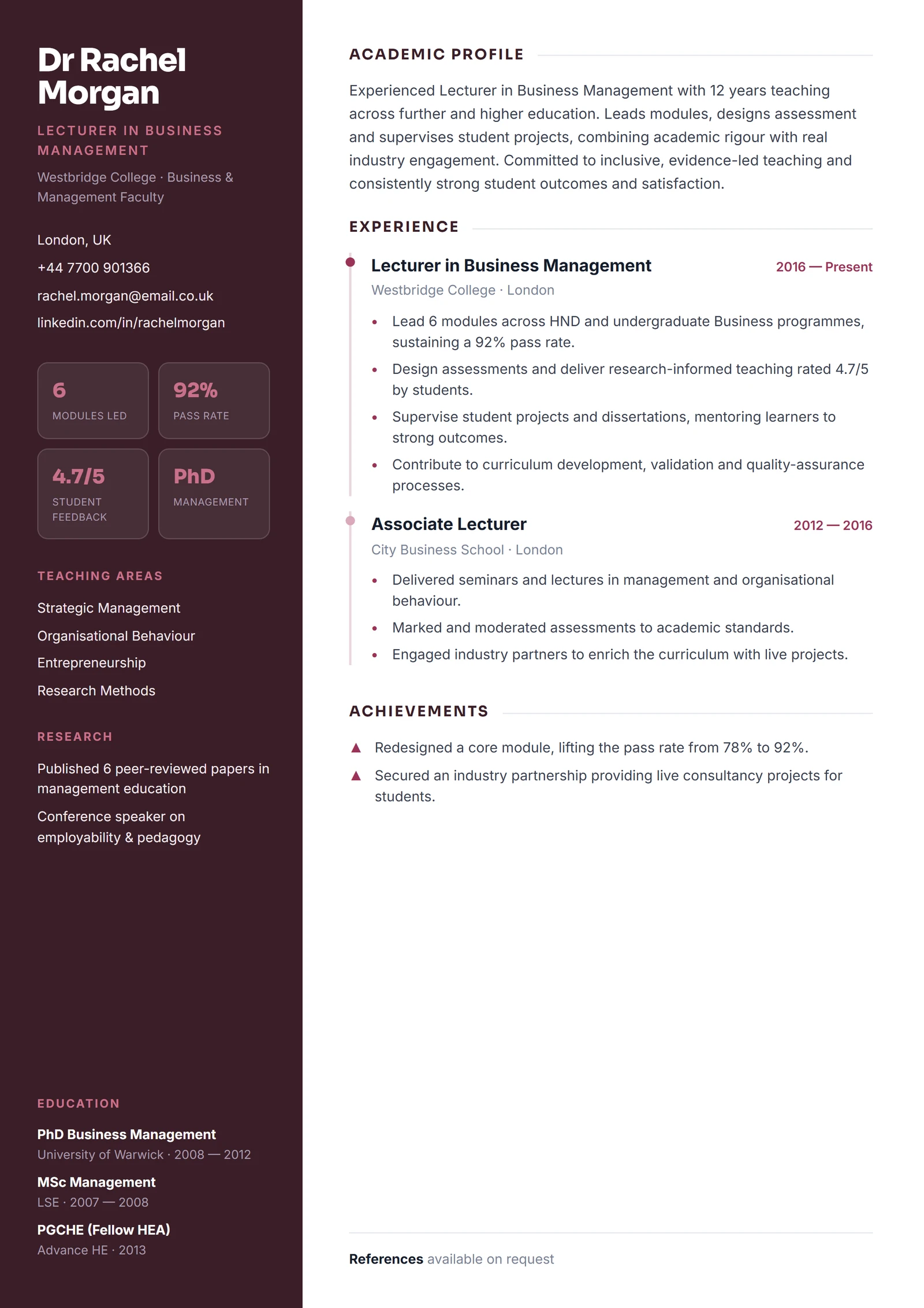 Lecturer CV résumé template preview