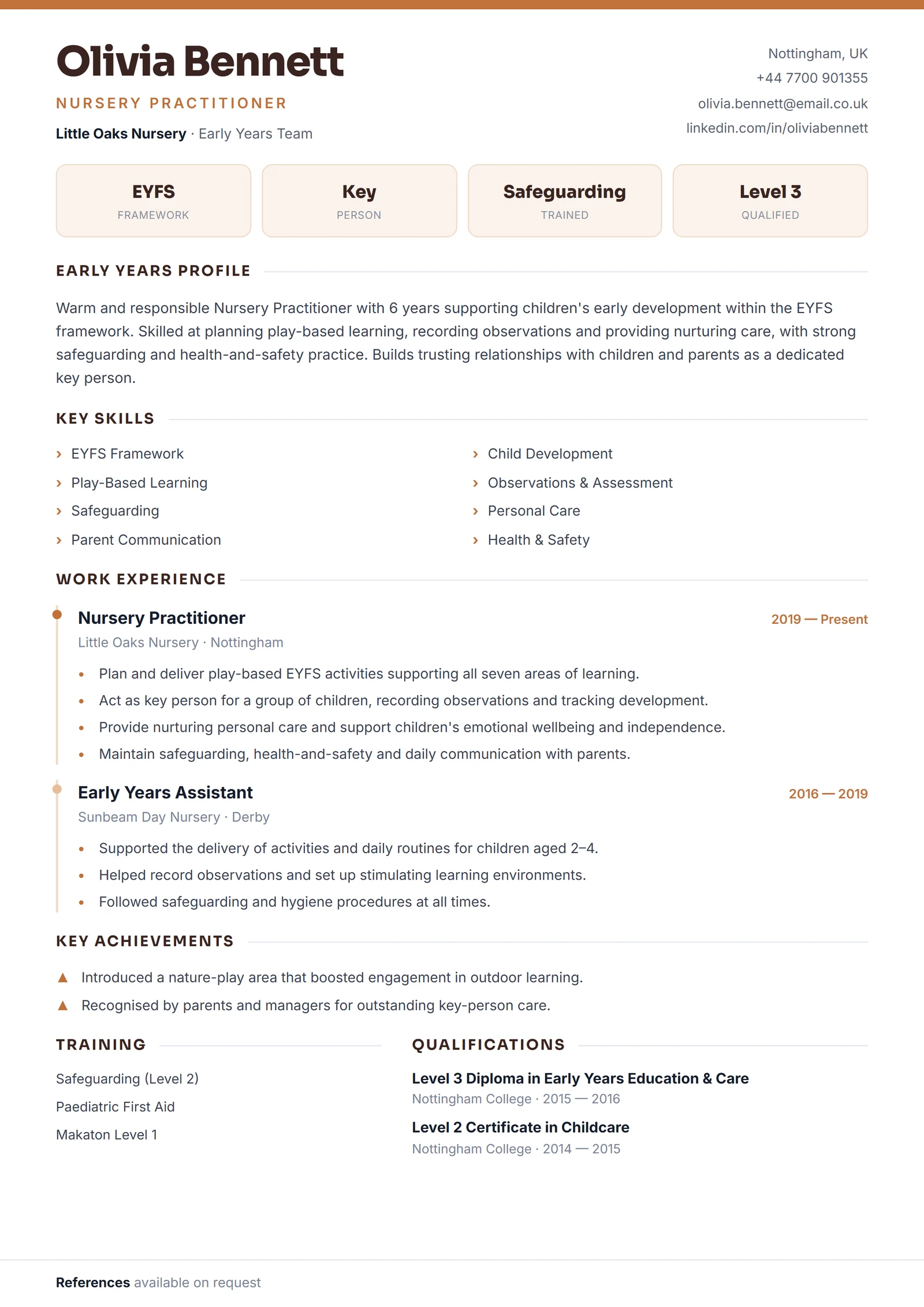 Nursery Practitioner CV résumé template preview