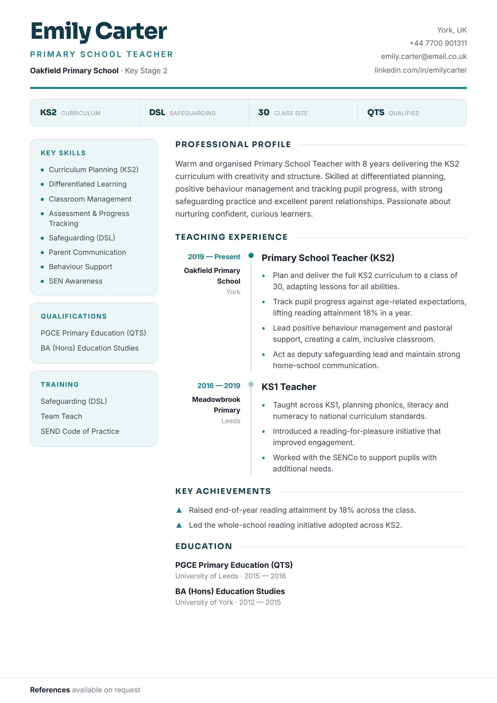 Primary School Teacher CV template — ProResume