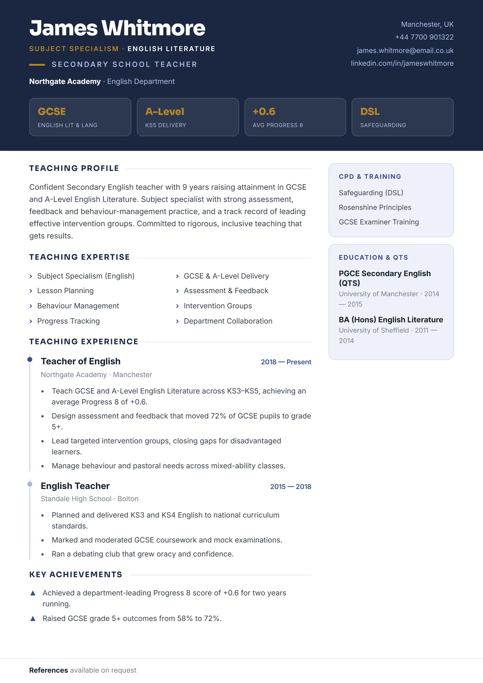 Secondary School Teacher CV résumé template preview