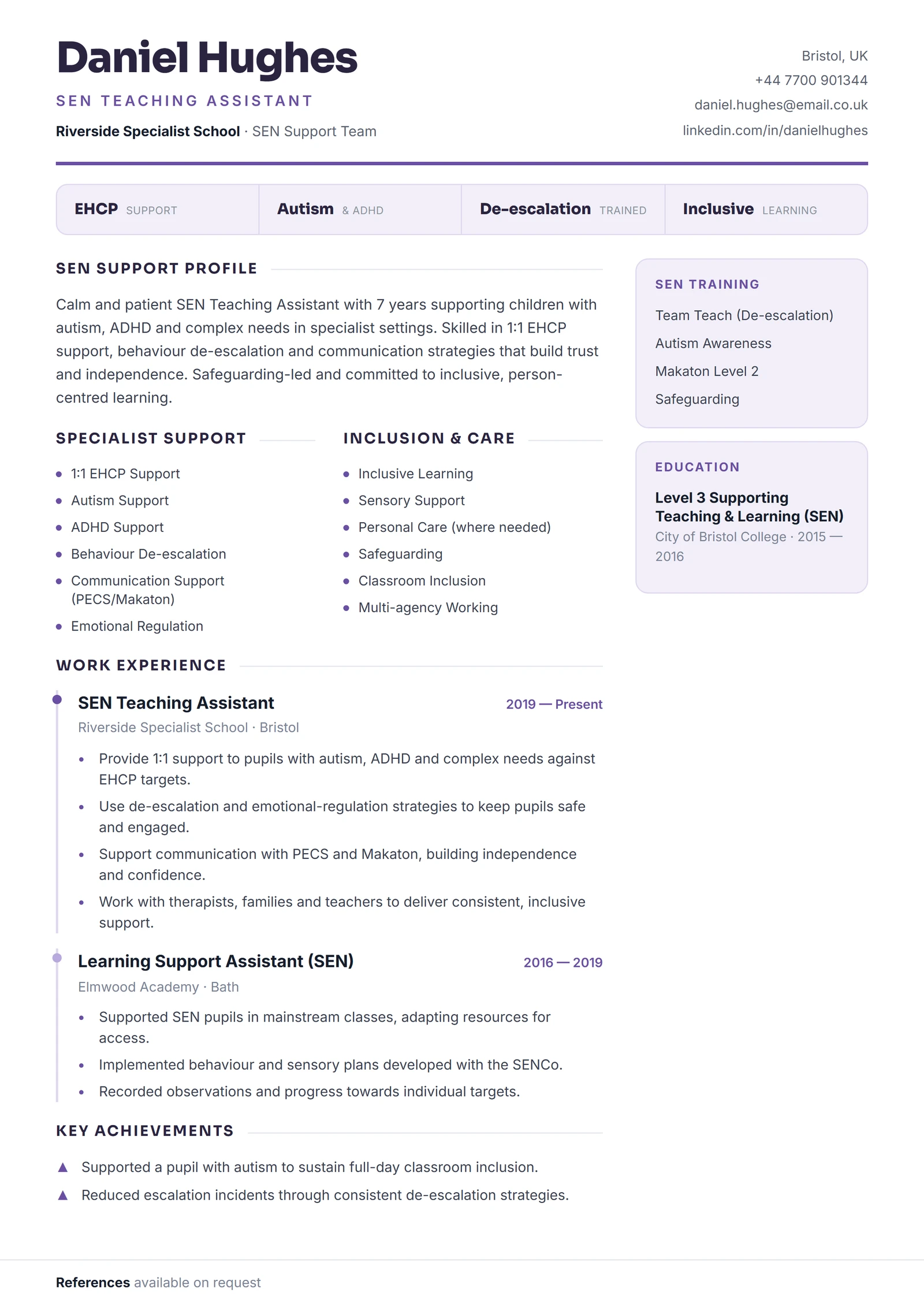 SEN Teaching Assistant CV résumé template preview