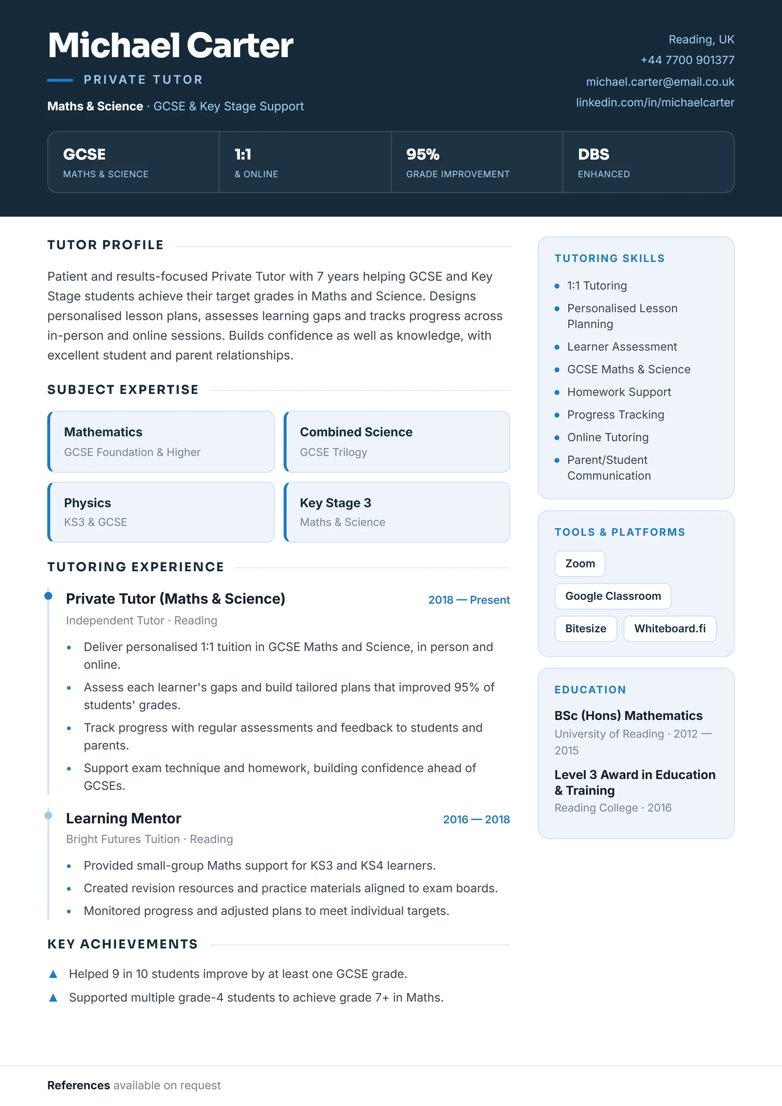 Tutor CV résumé template preview