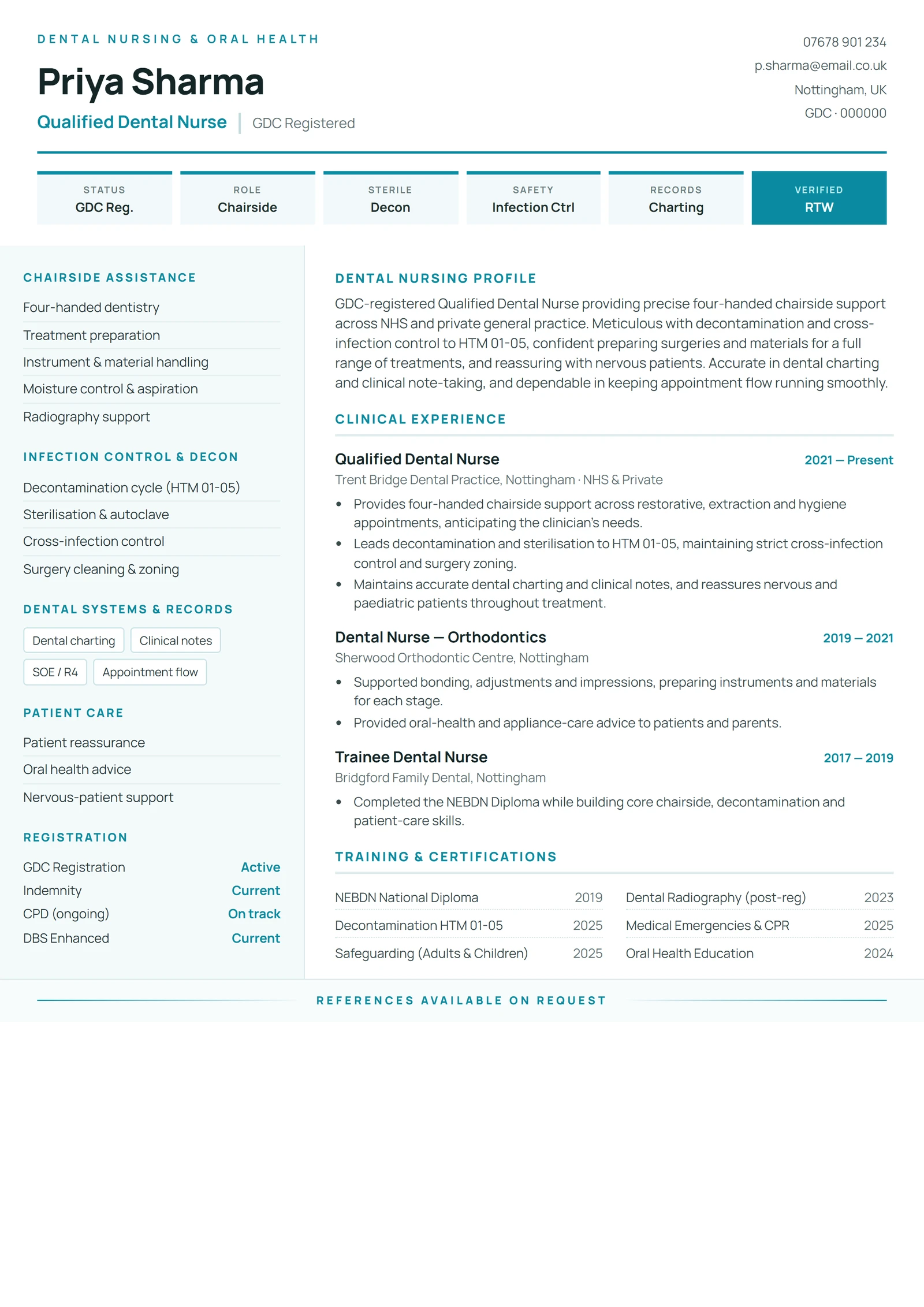 Qualified Dental Nurse CV résumé template preview