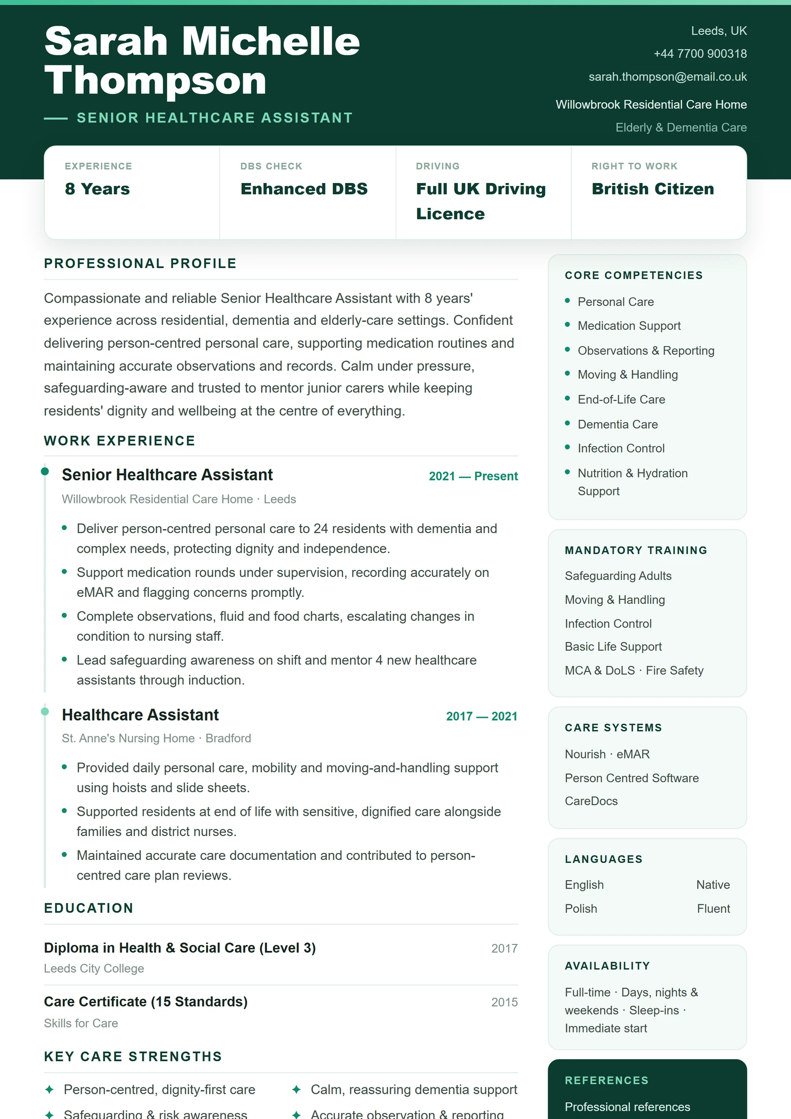 Healthcare Assistant CV template — ProResume