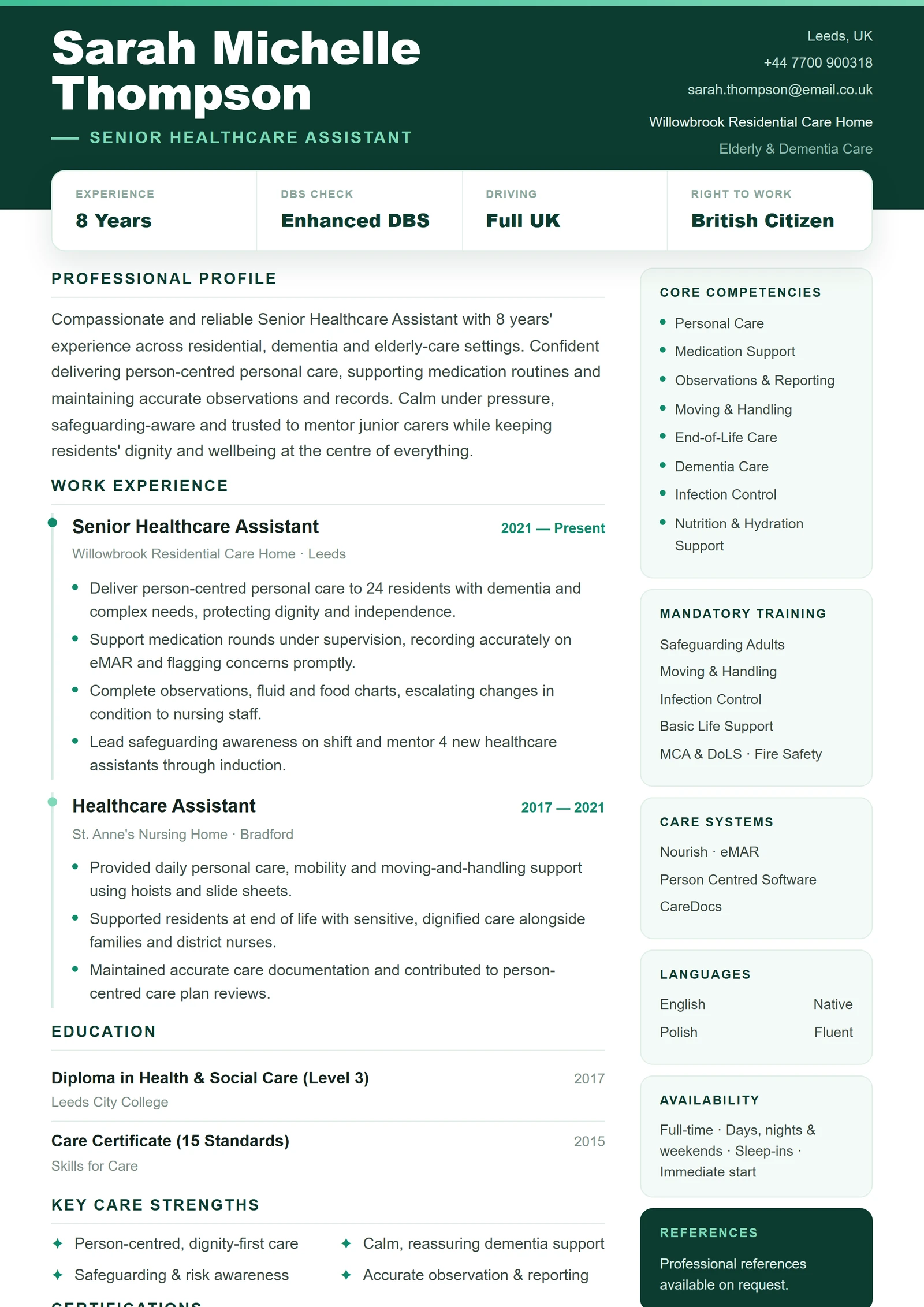 Healthcare Assistant CV résumé template preview