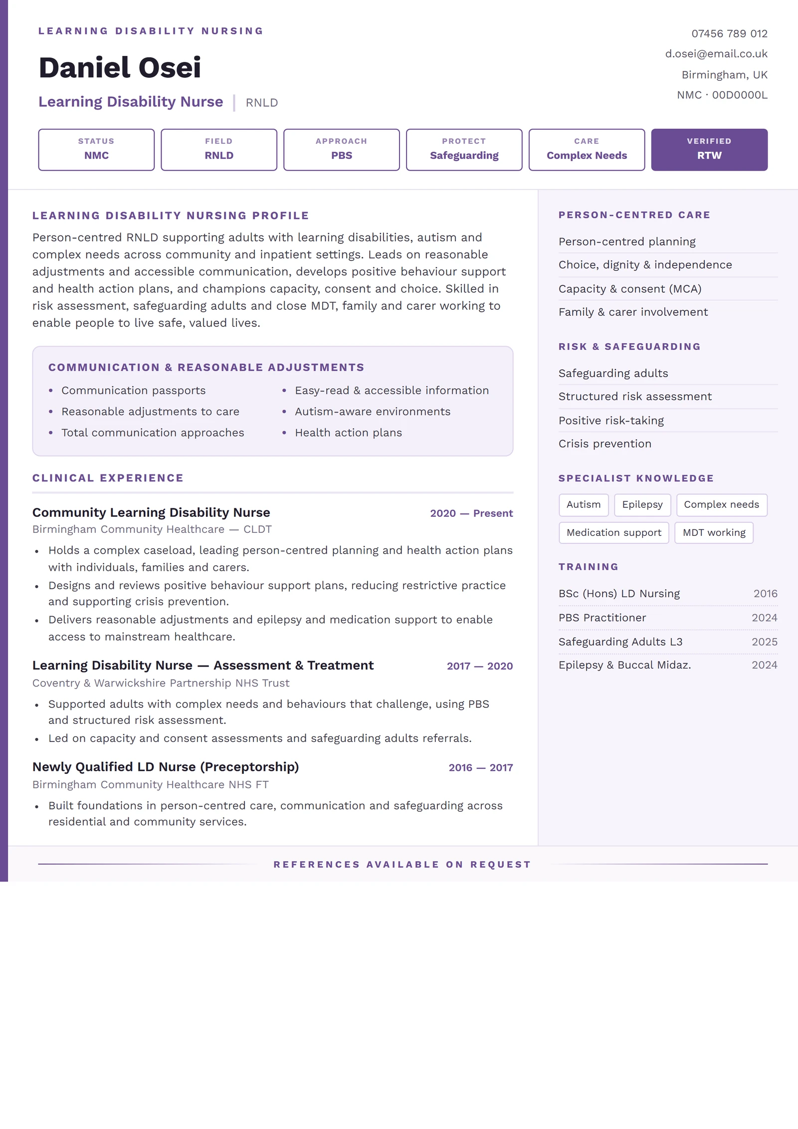 Learning Disability Nurse CV résumé template preview