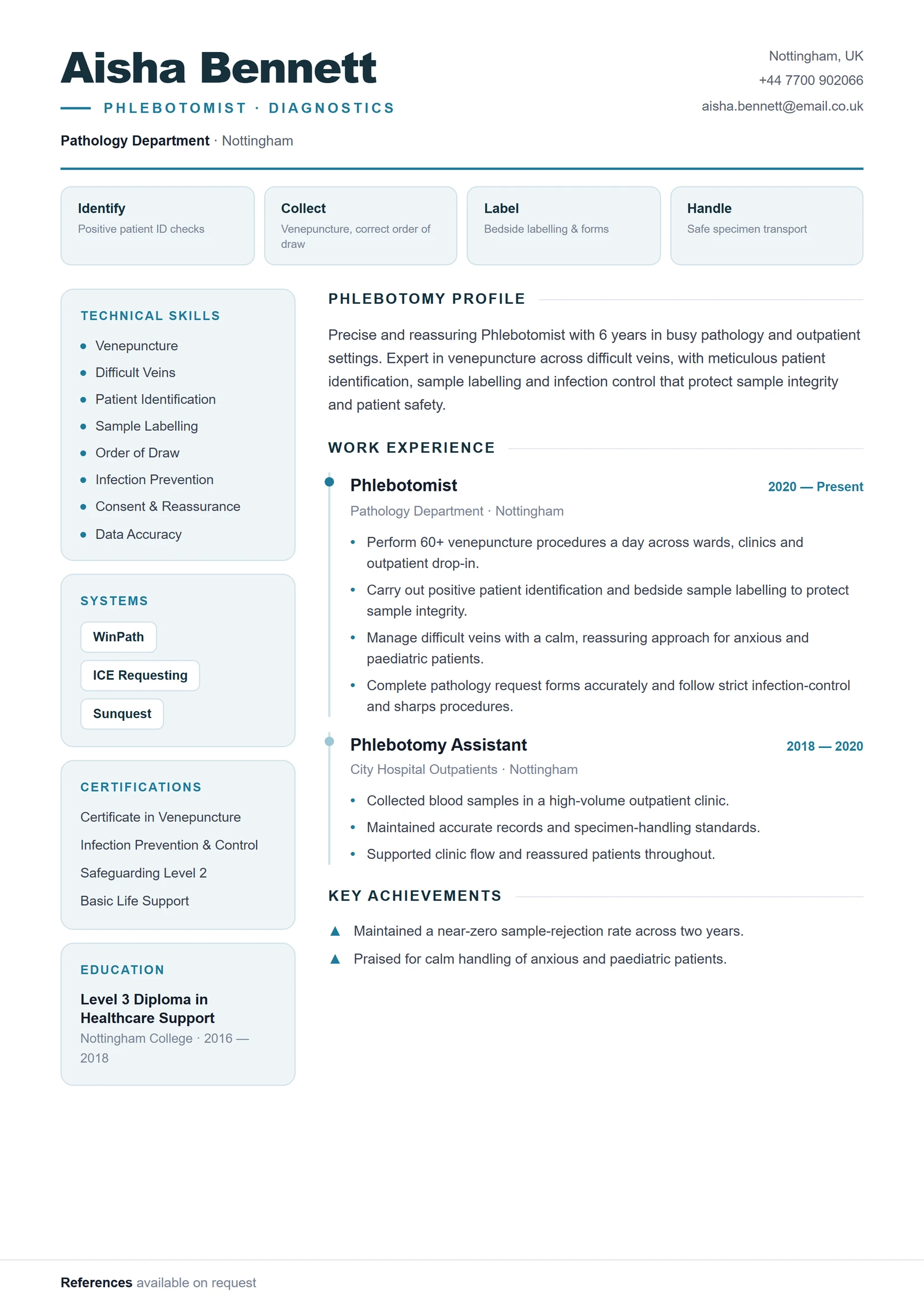 Phlebotomist CV résumé template preview