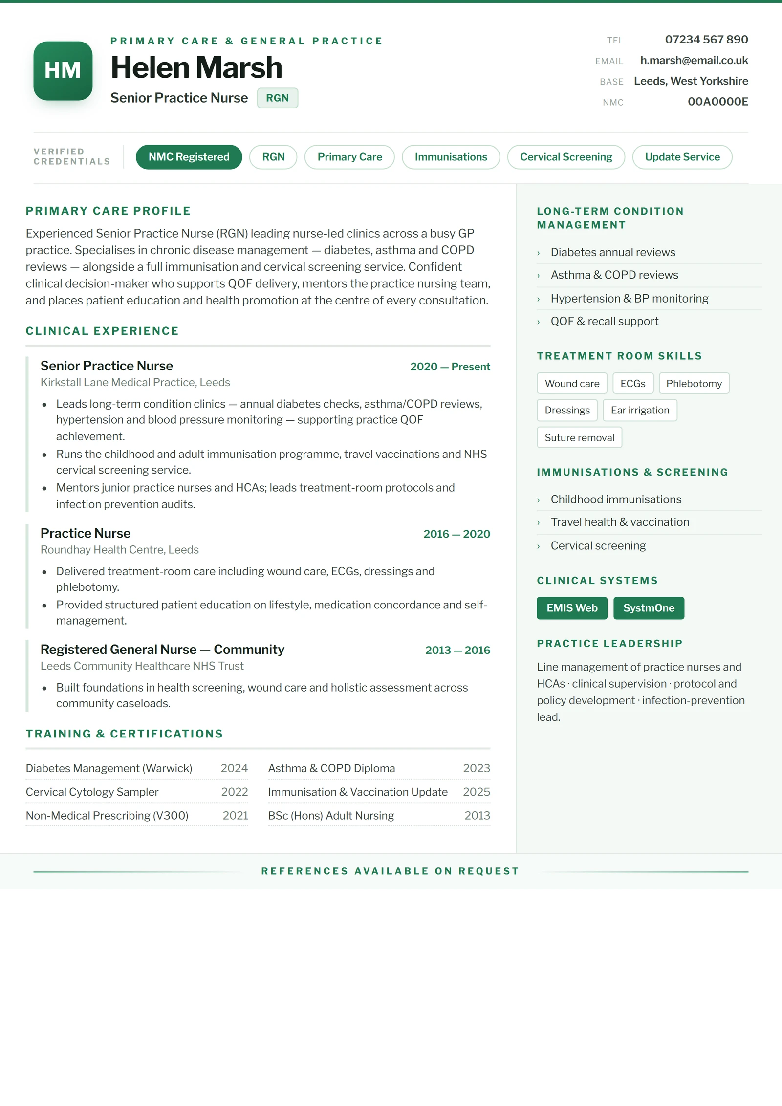 Senior Practice Nurse CV résumé template preview