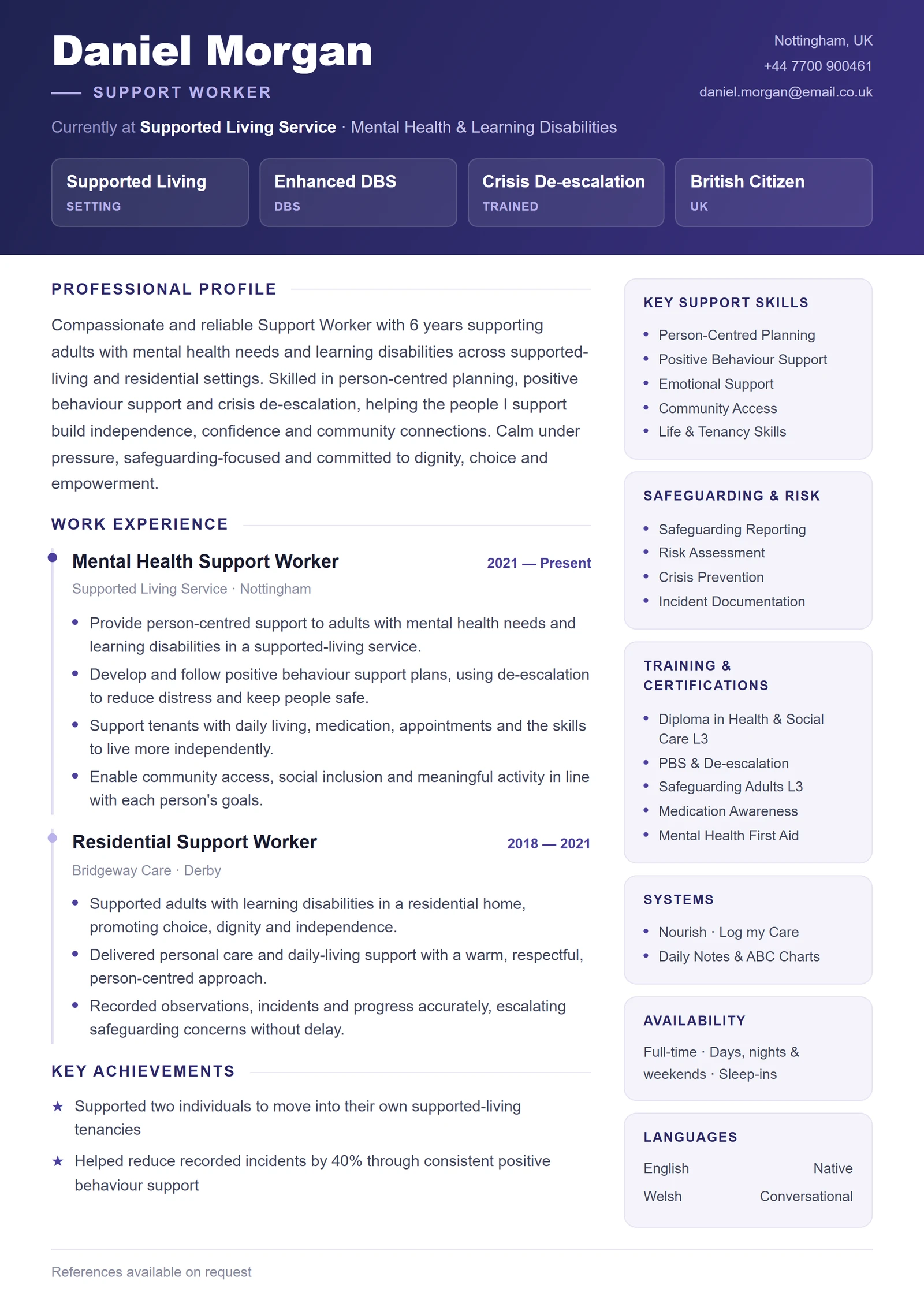 Support Worker CV résumé template preview