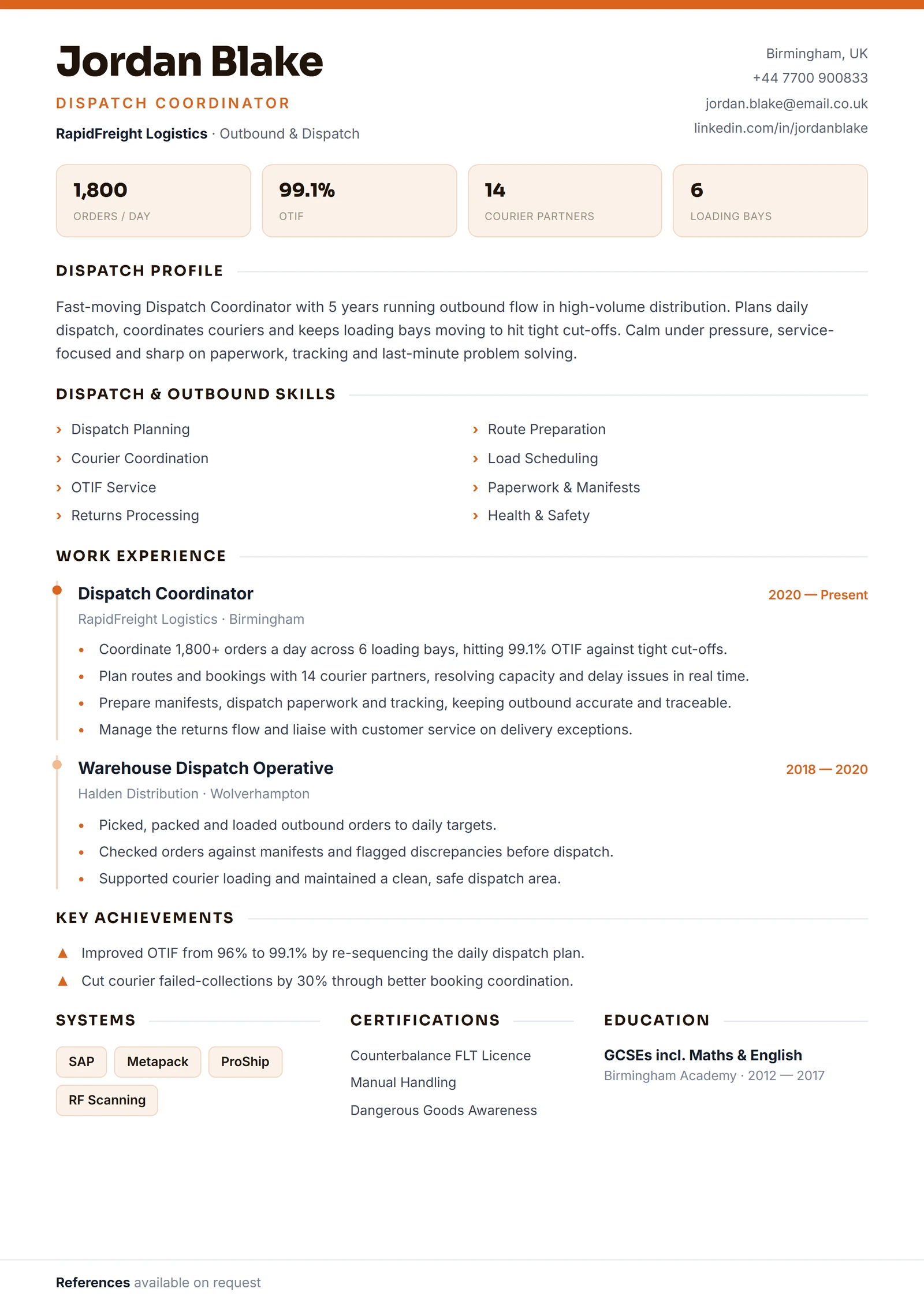 Dispatch Coordinator CV résumé template preview