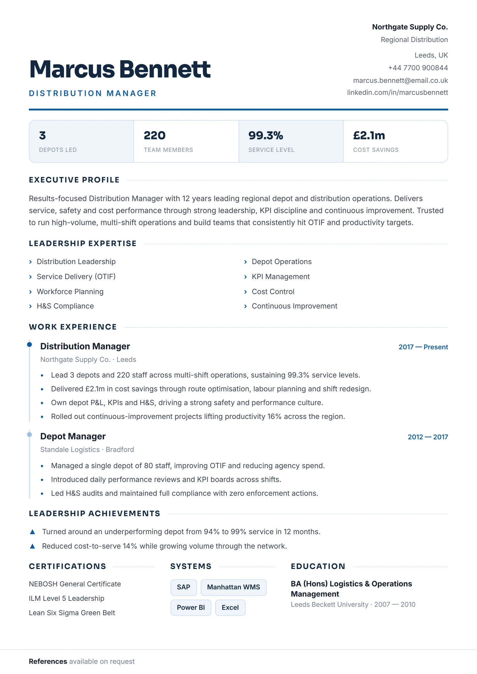 Distribution Manager CV résumé template preview