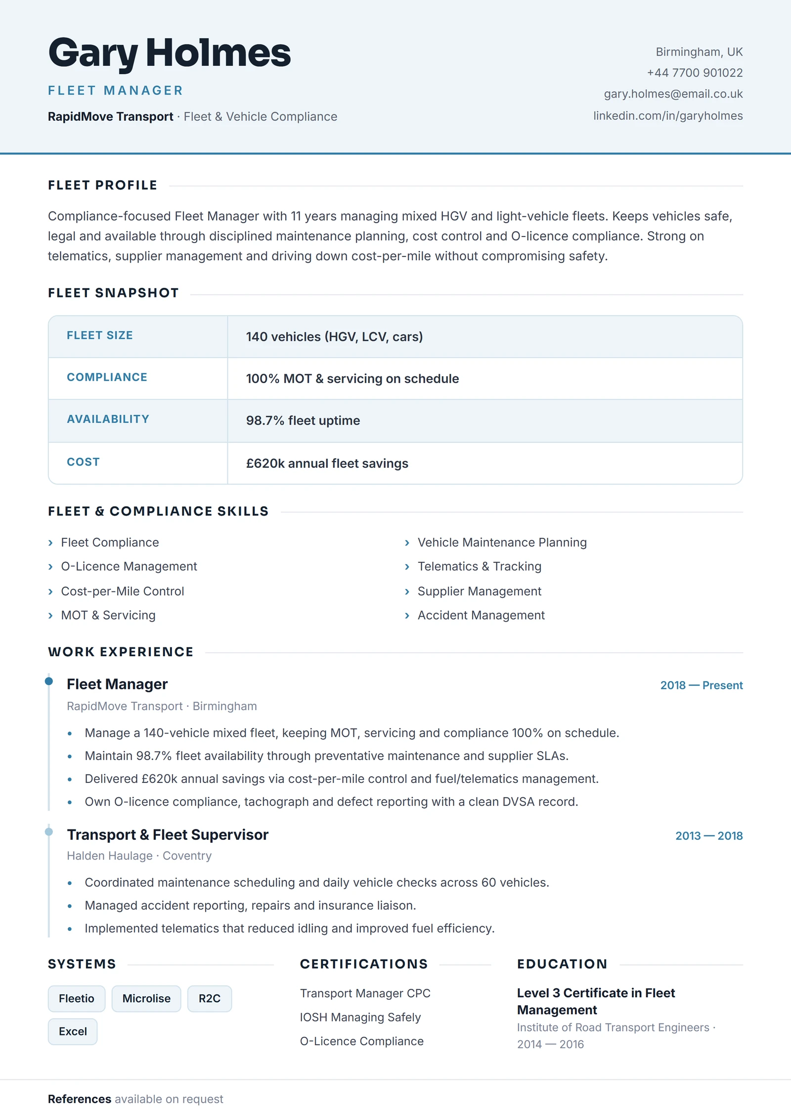 Fleet Manager CV résumé template preview