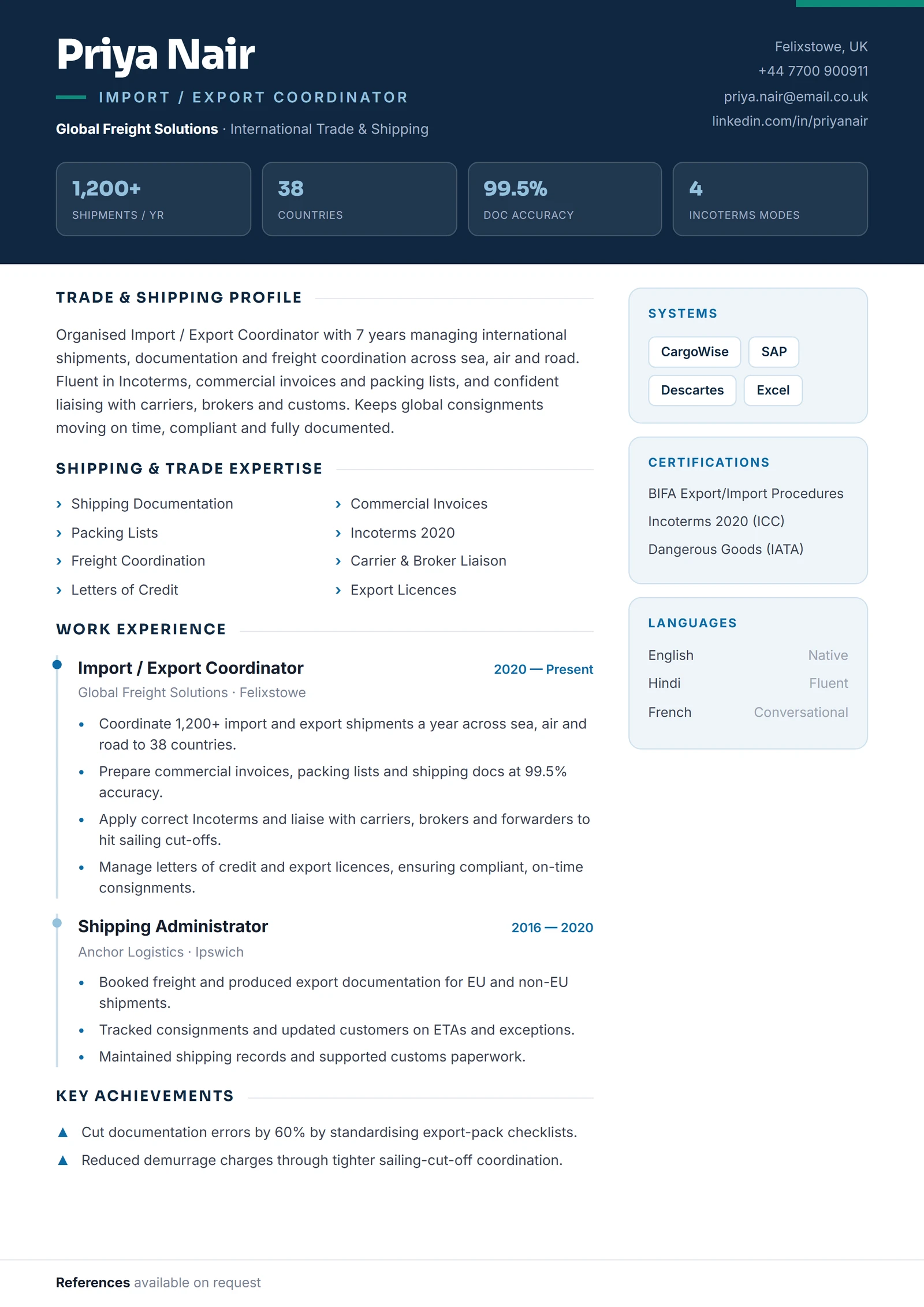 Import / Export Coordinator CV résumé template preview