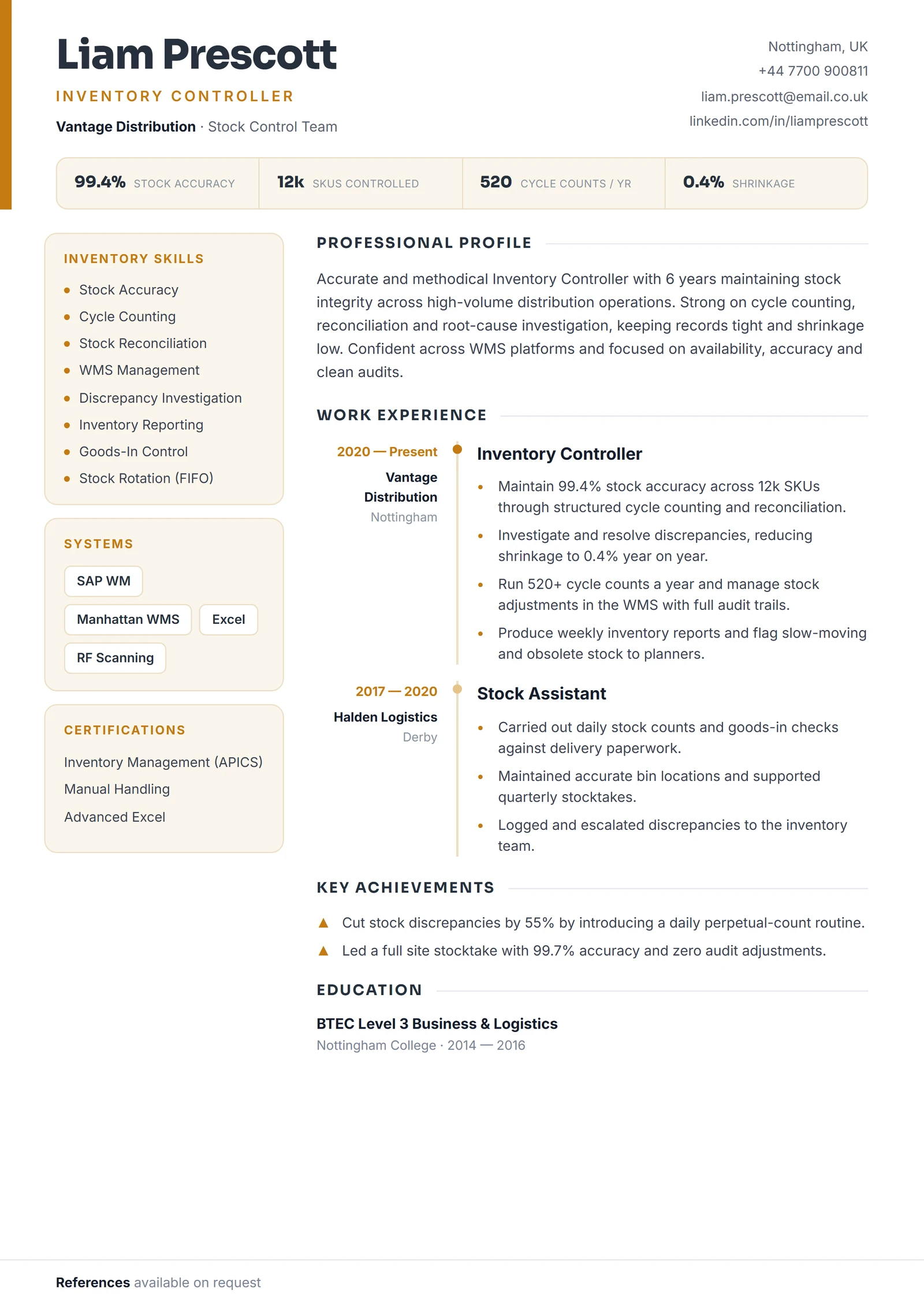 Inventory Controller CV template — ProResume