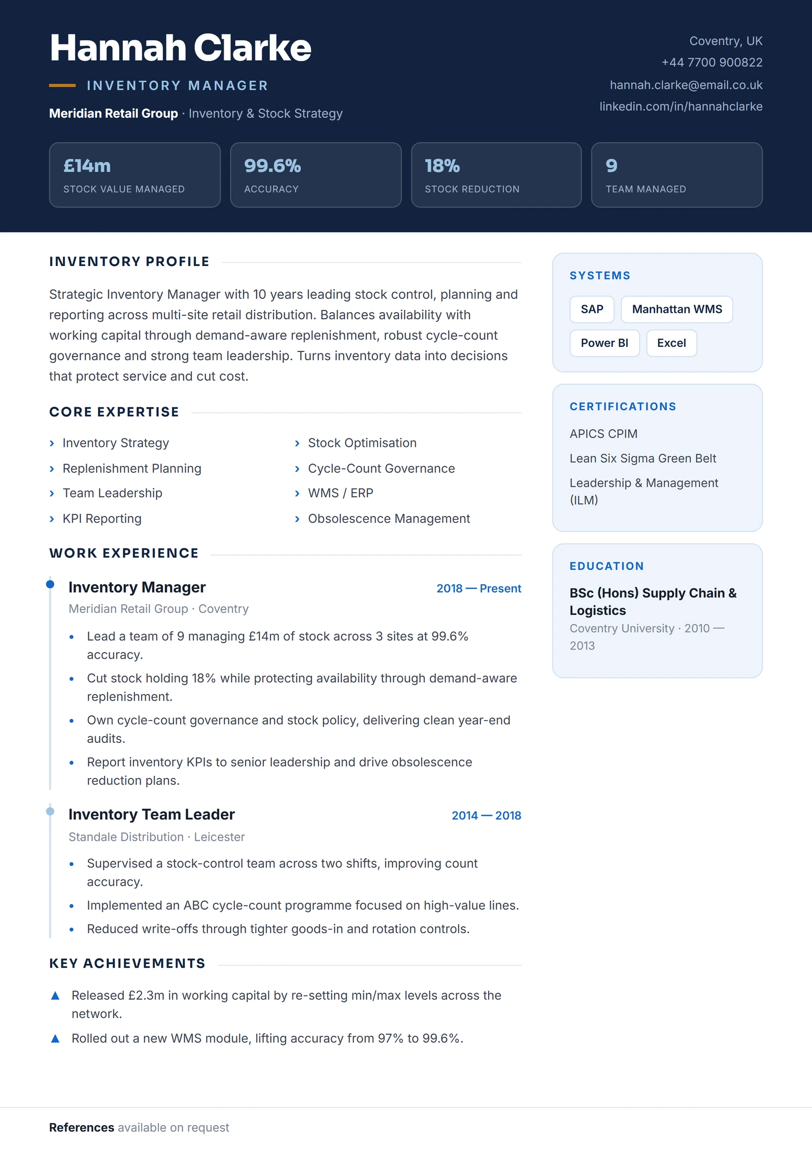 Inventory Manager CV résumé template preview