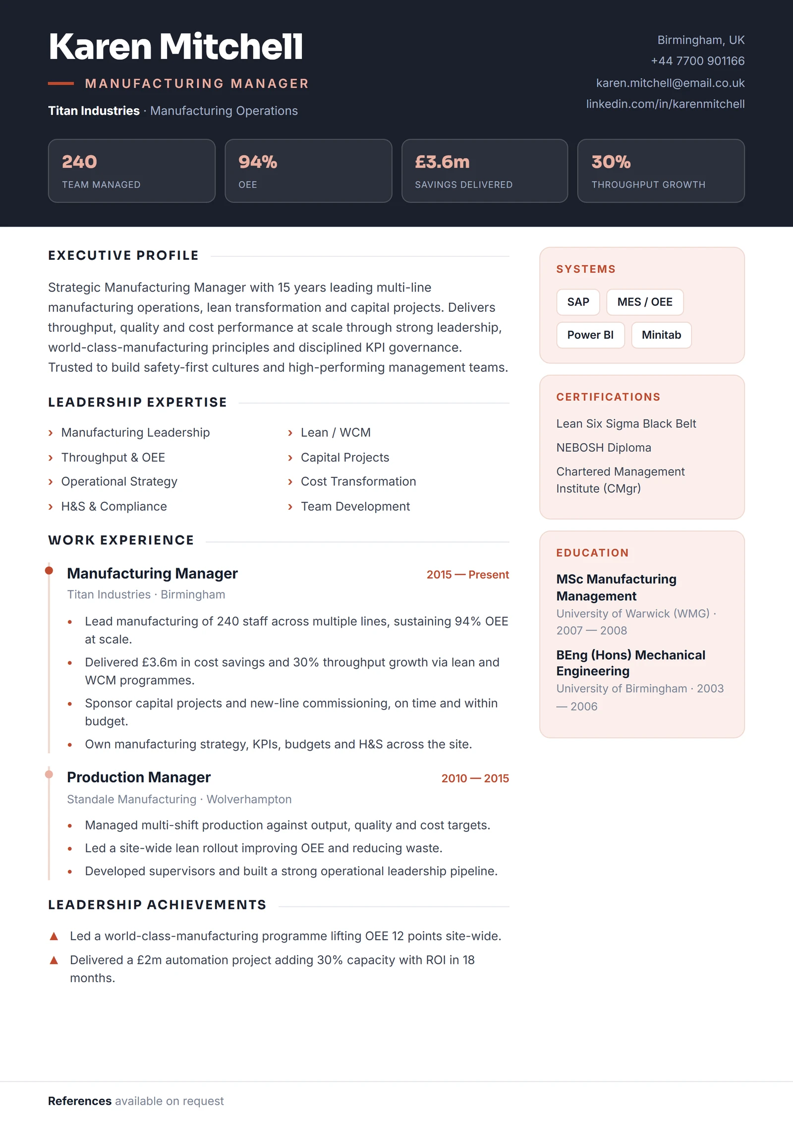 Manufacturing Manager CV résumé template preview