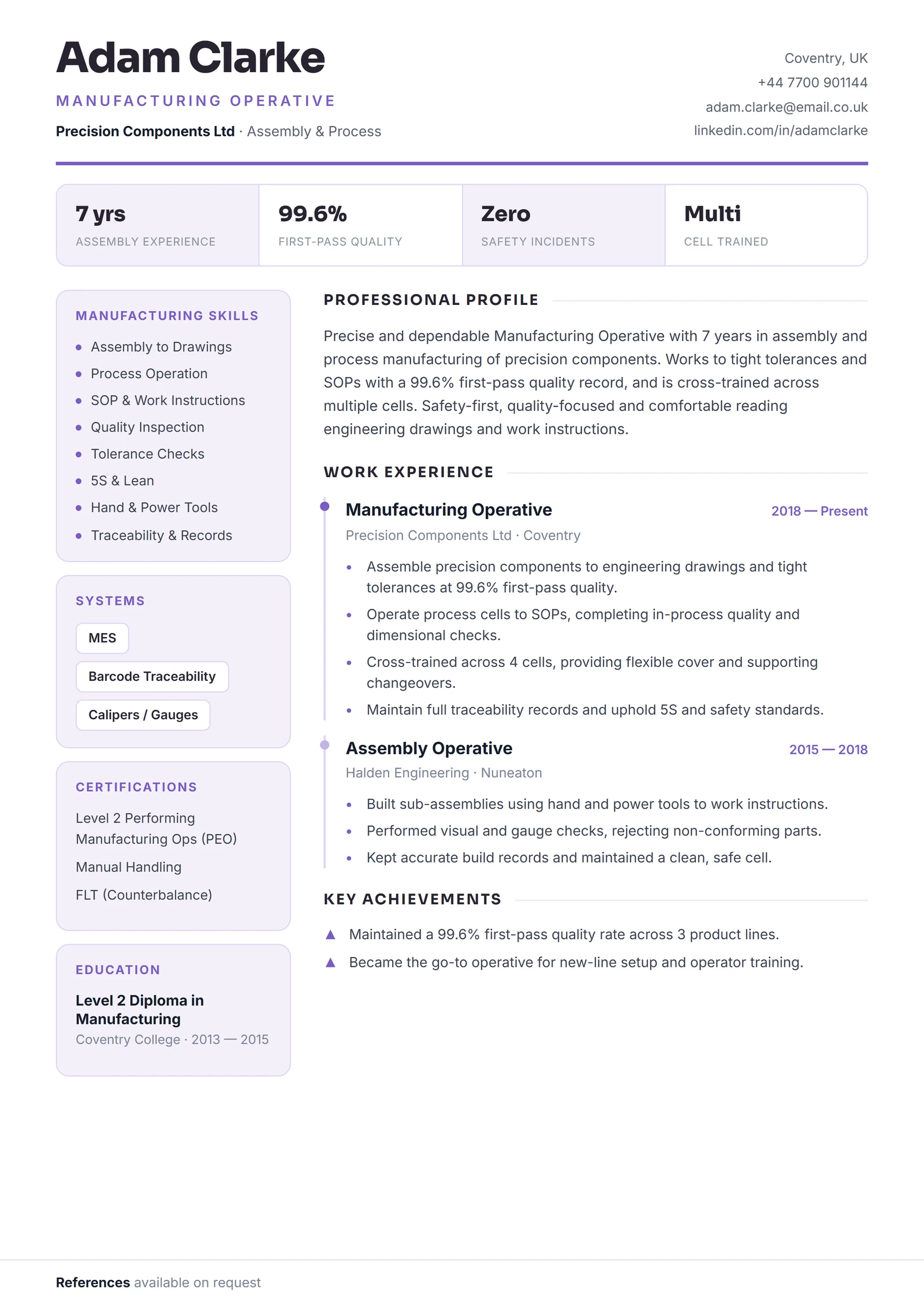 Manufacturing Operative CV résumé template preview