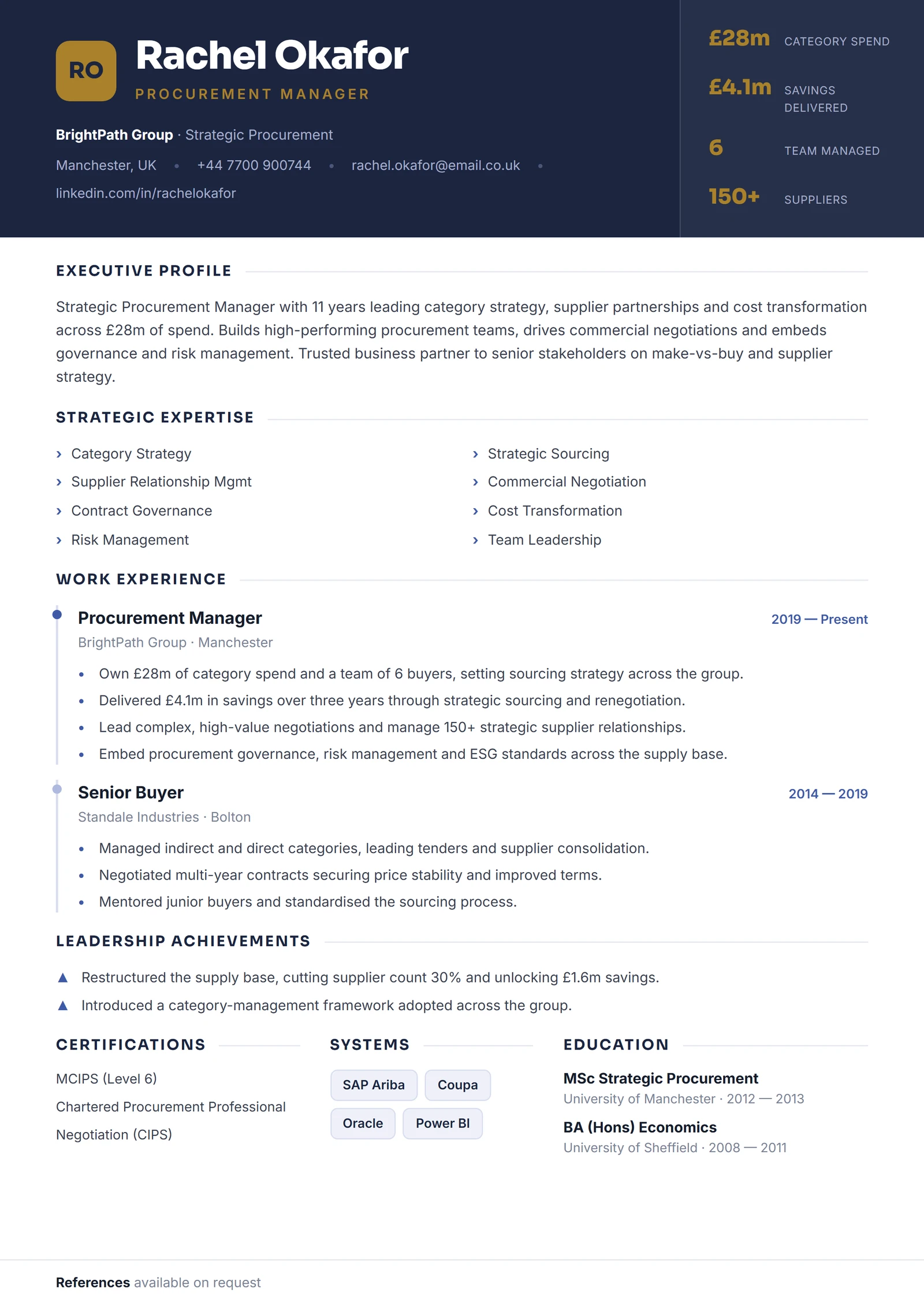 Procurement Manager CV résumé template preview