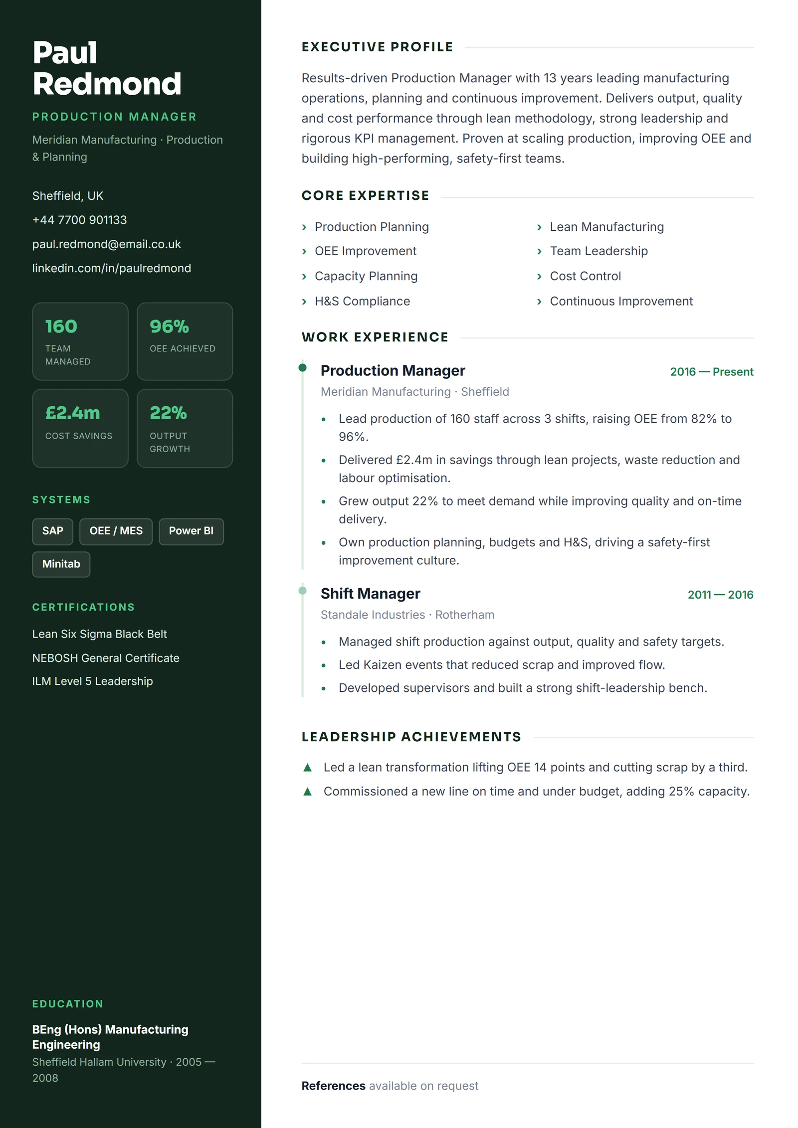 Production Manager CV résumé template preview