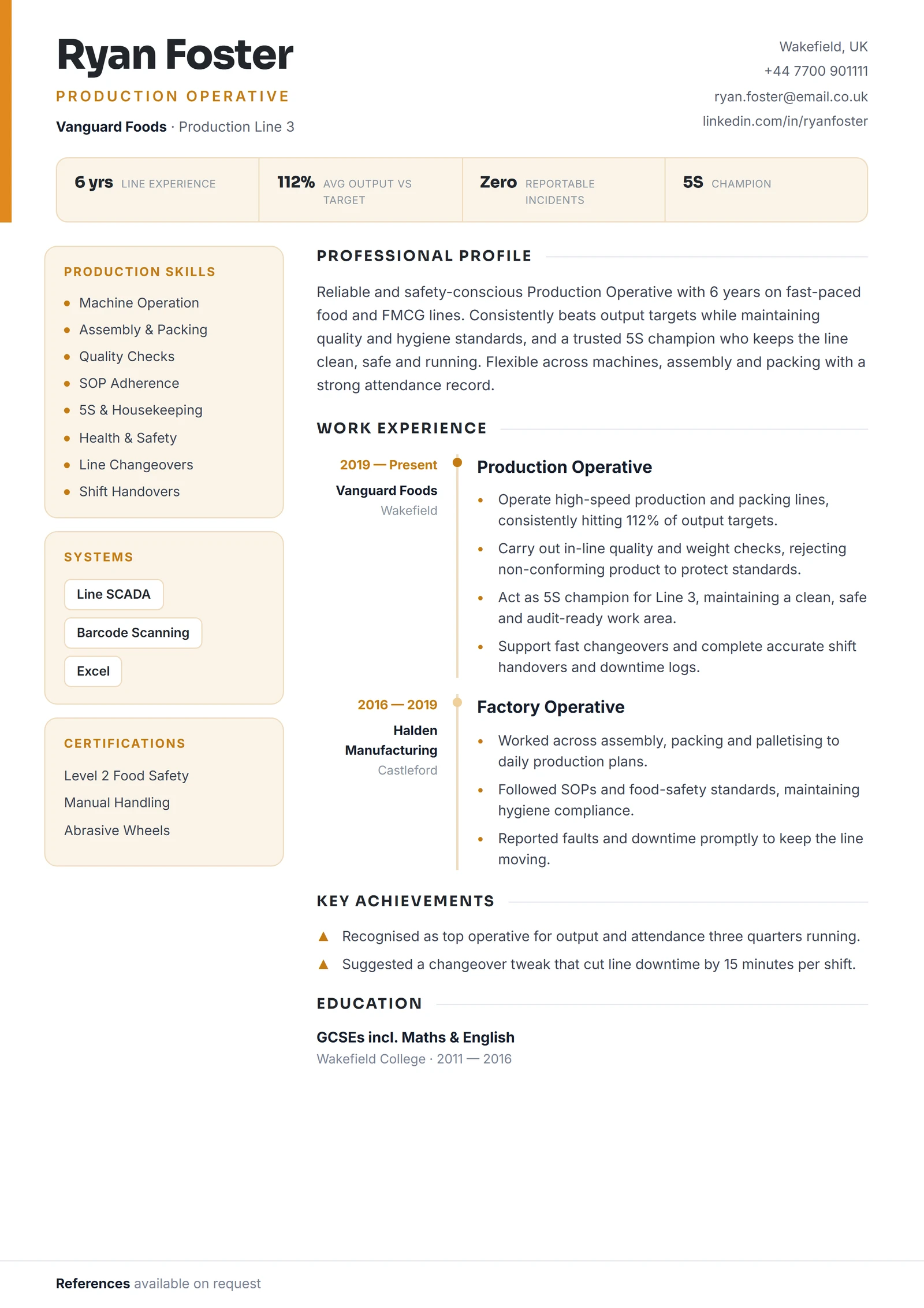 Production Operative CV résumé template preview