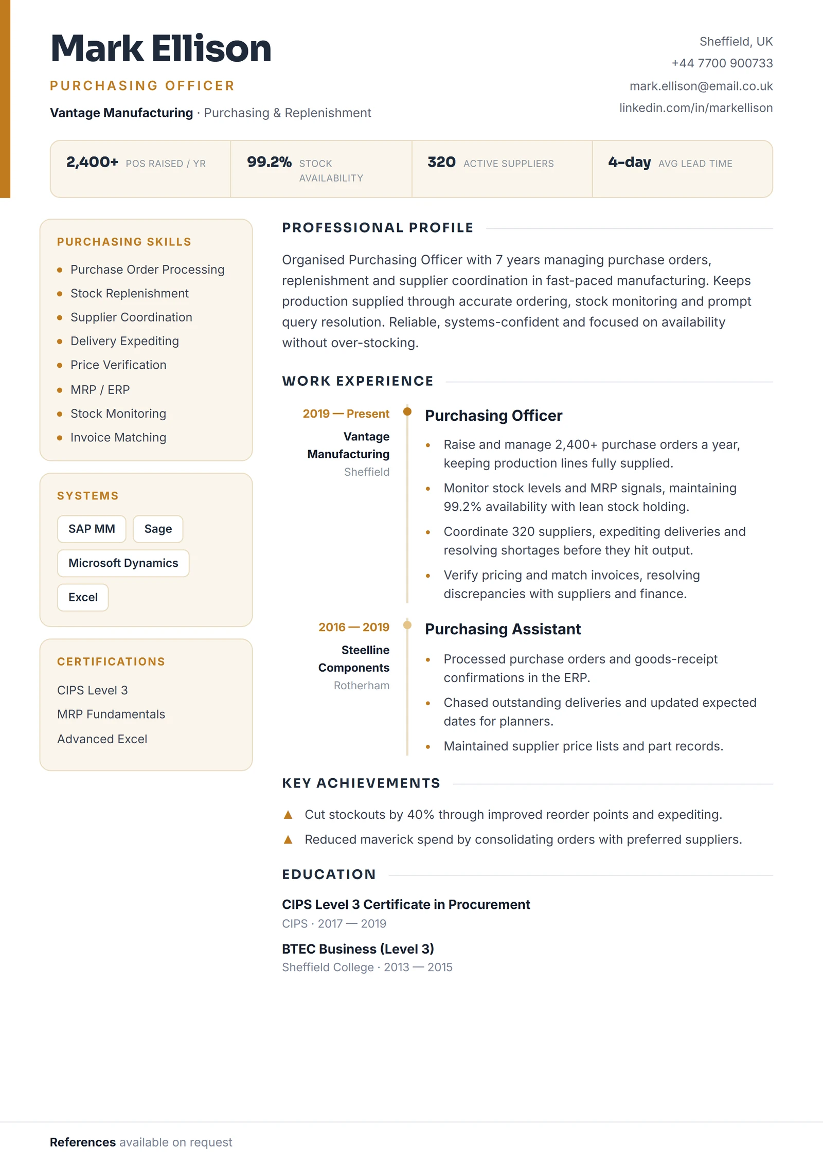 Purchasing Officer CV résumé template preview