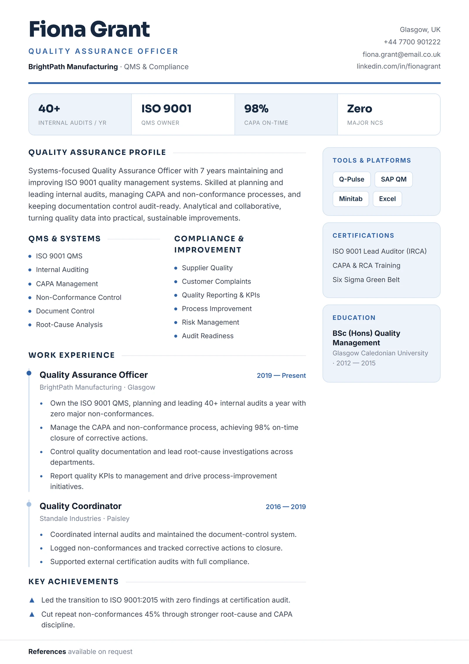 Quality Assurance Officer CV résumé template preview