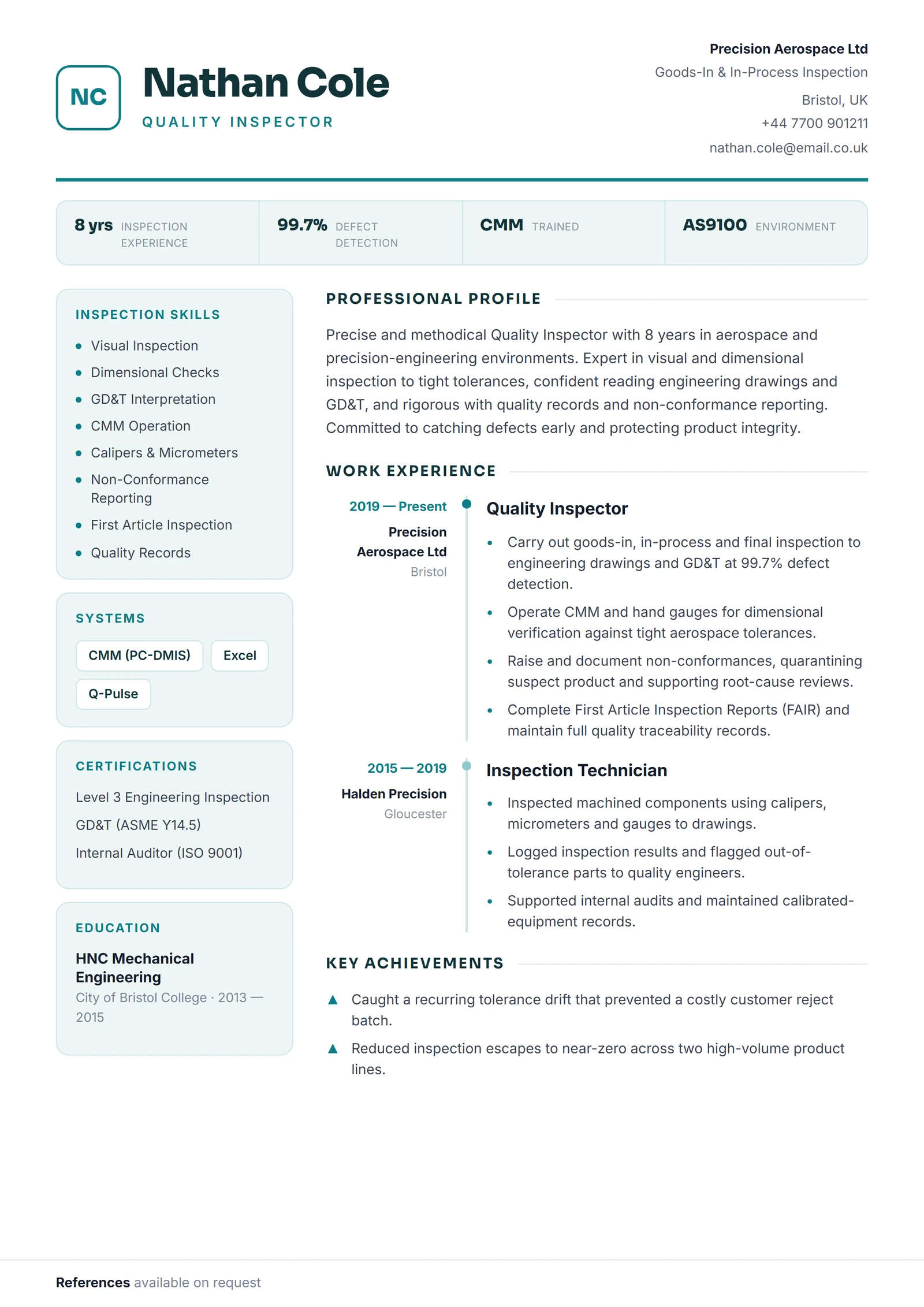 Quality Inspector CV résumé template preview