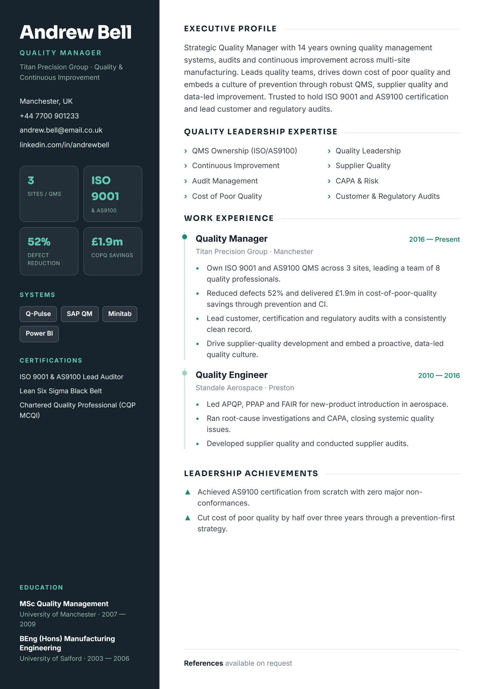 Quality Manager CV résumé template preview
