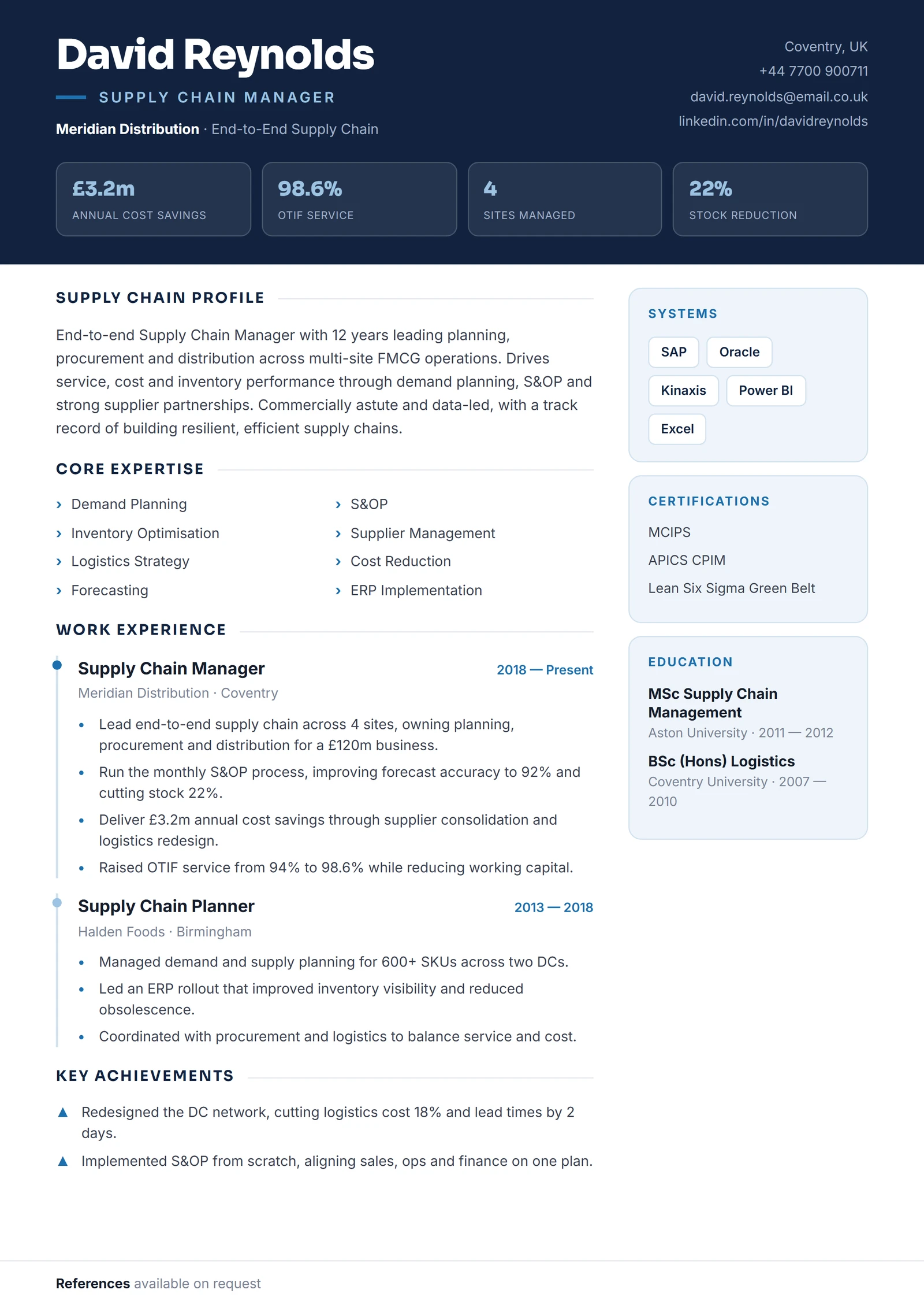 Supply Chain Manager CV résumé template preview