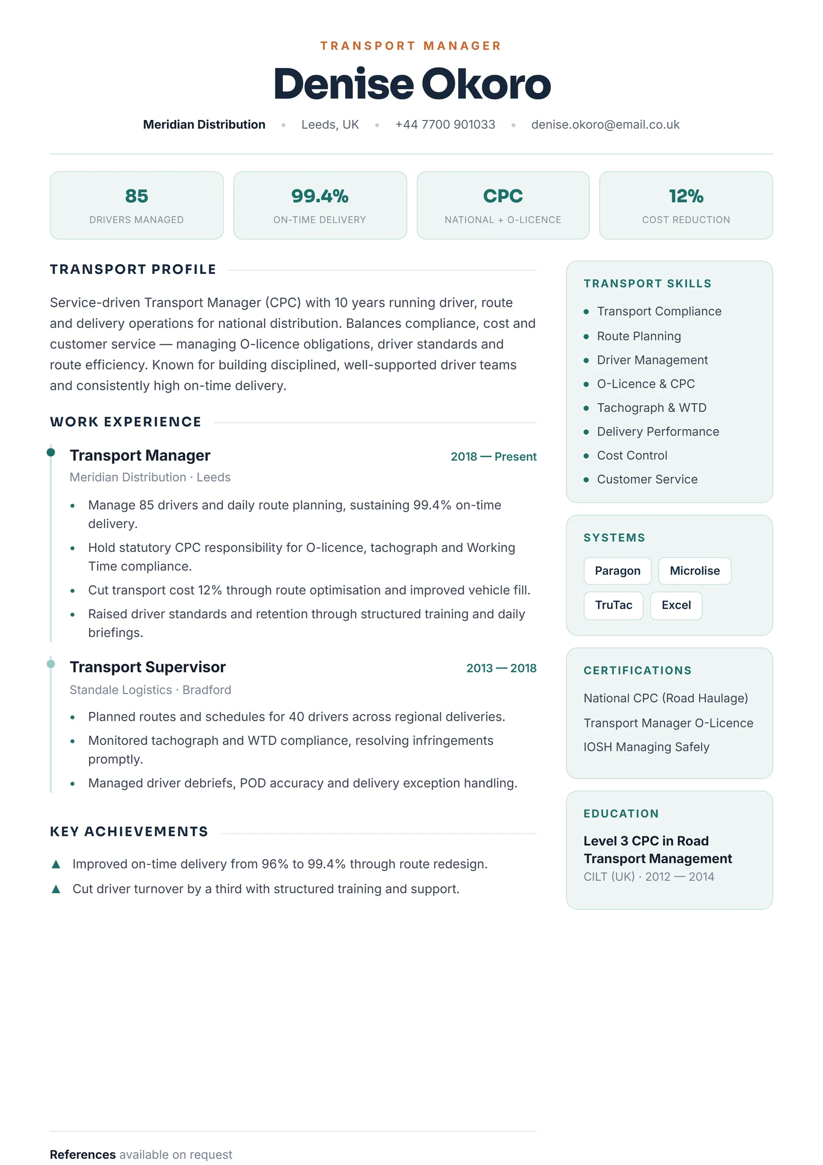 Transport Manager CV résumé template preview