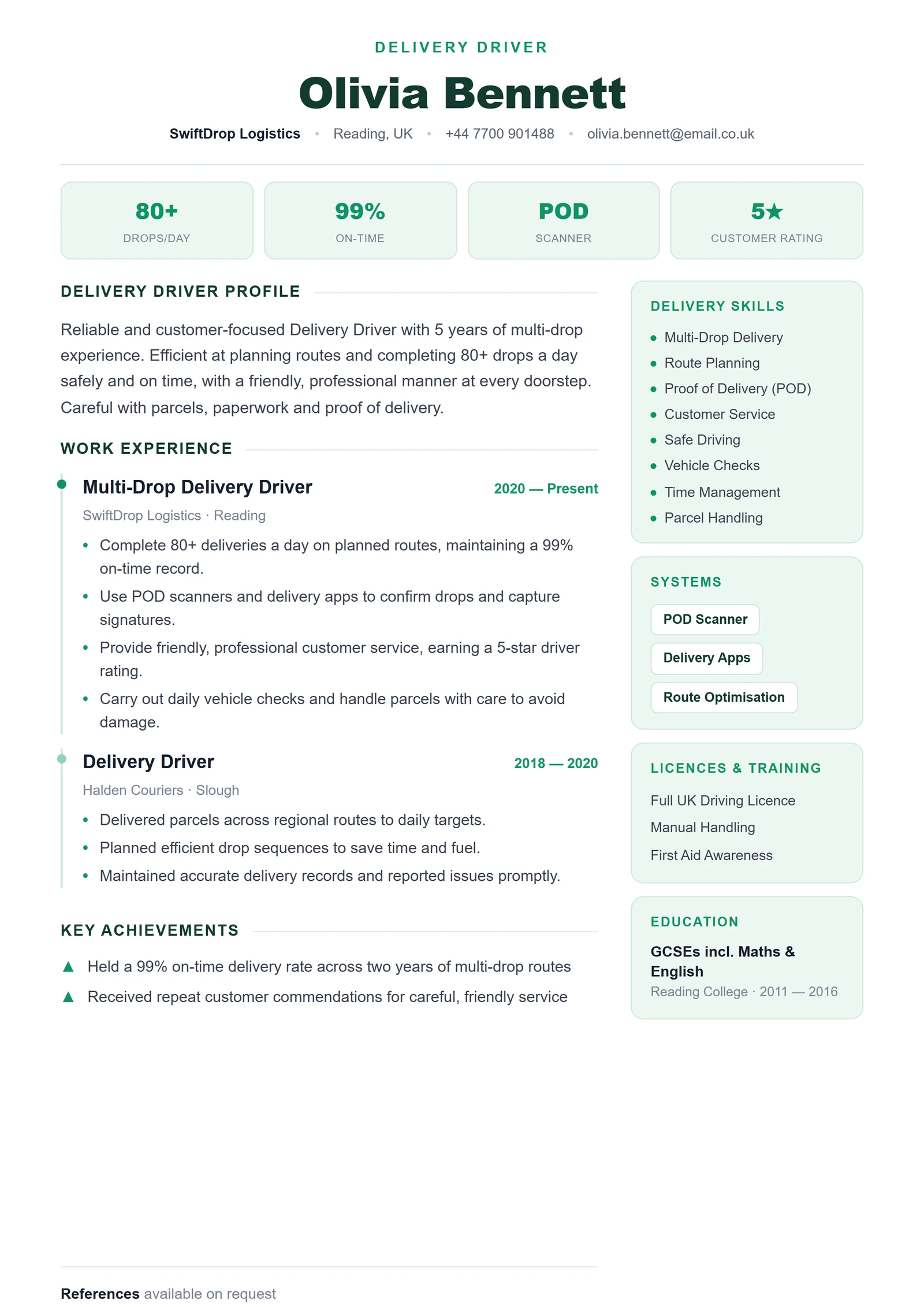 Delivery Driver CV V1 résumé template preview