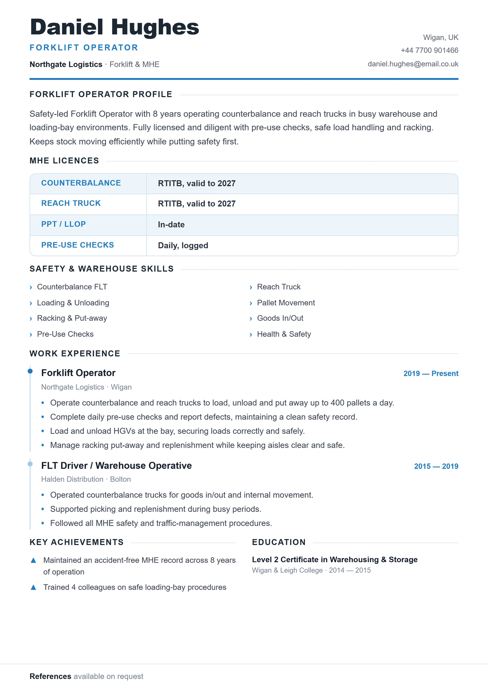Forklift Operator CV V1 résumé template preview