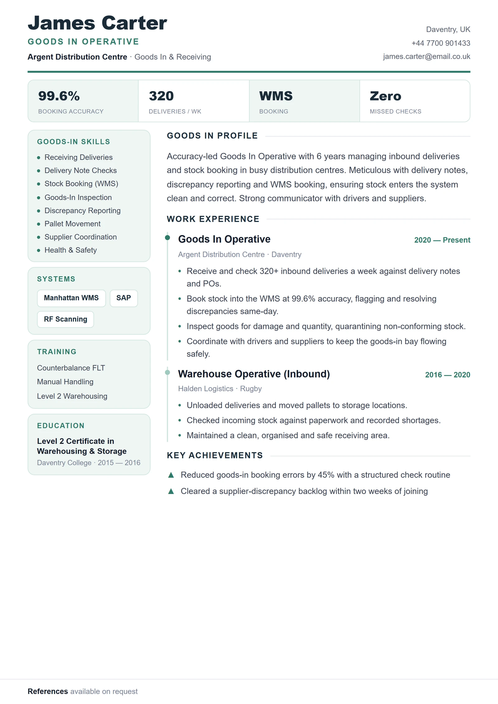 Goods In / Receiving Operative CV V1 résumé template preview
