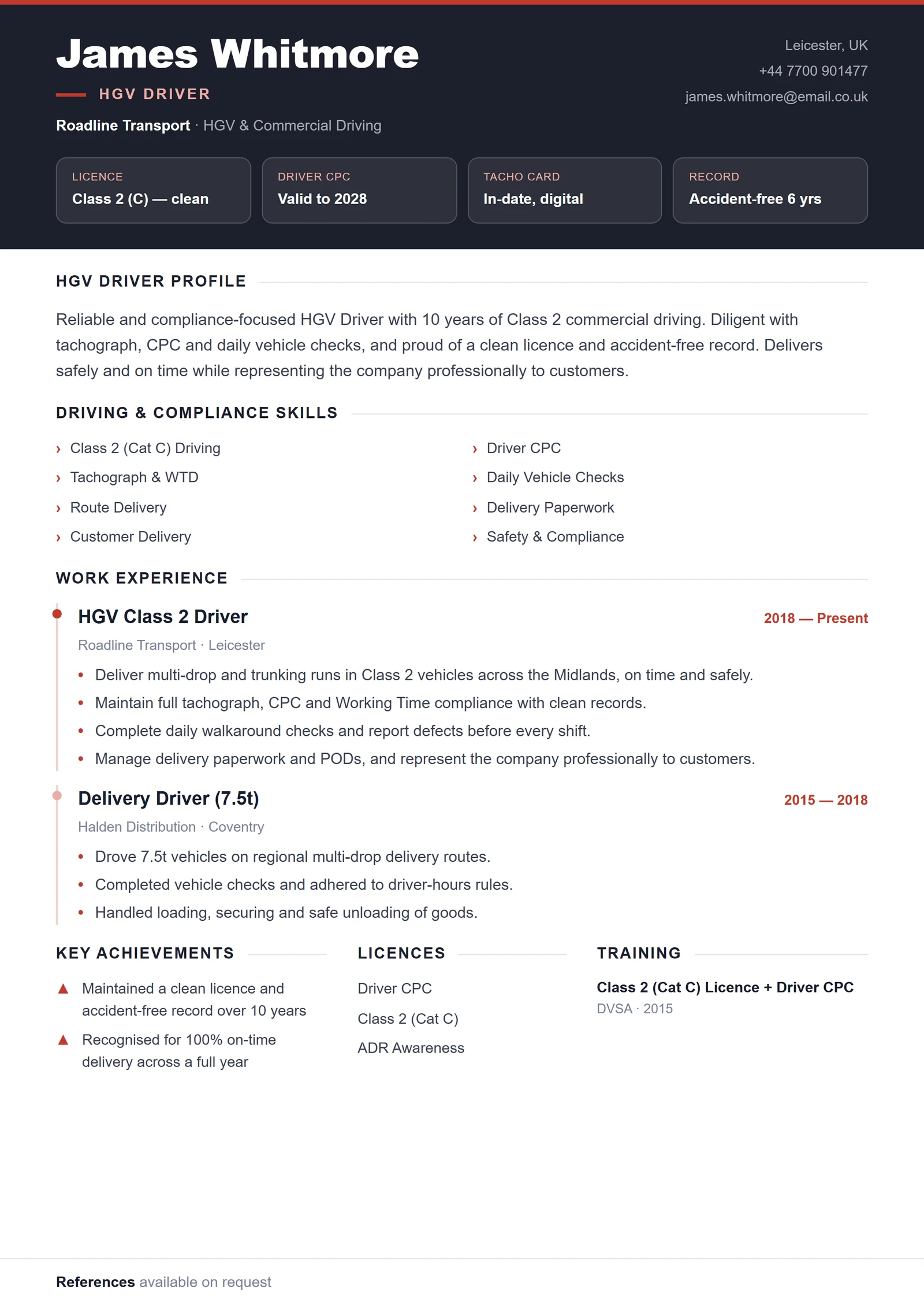 HGV / Truck Driver CV V1 résumé template preview