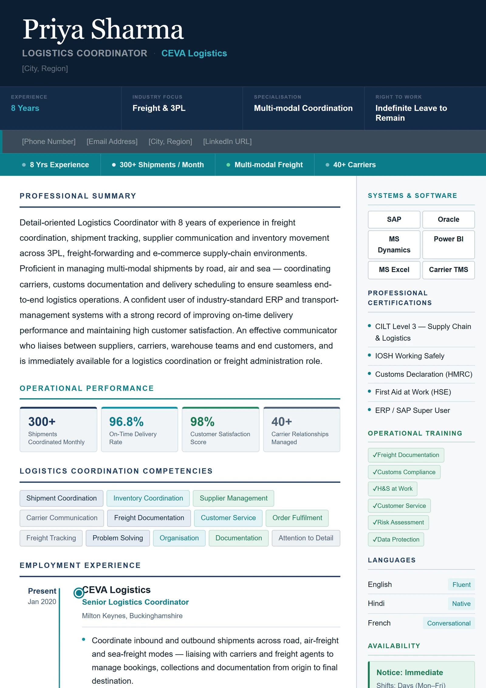 Logistics Coordinator CV V1 résumé template preview