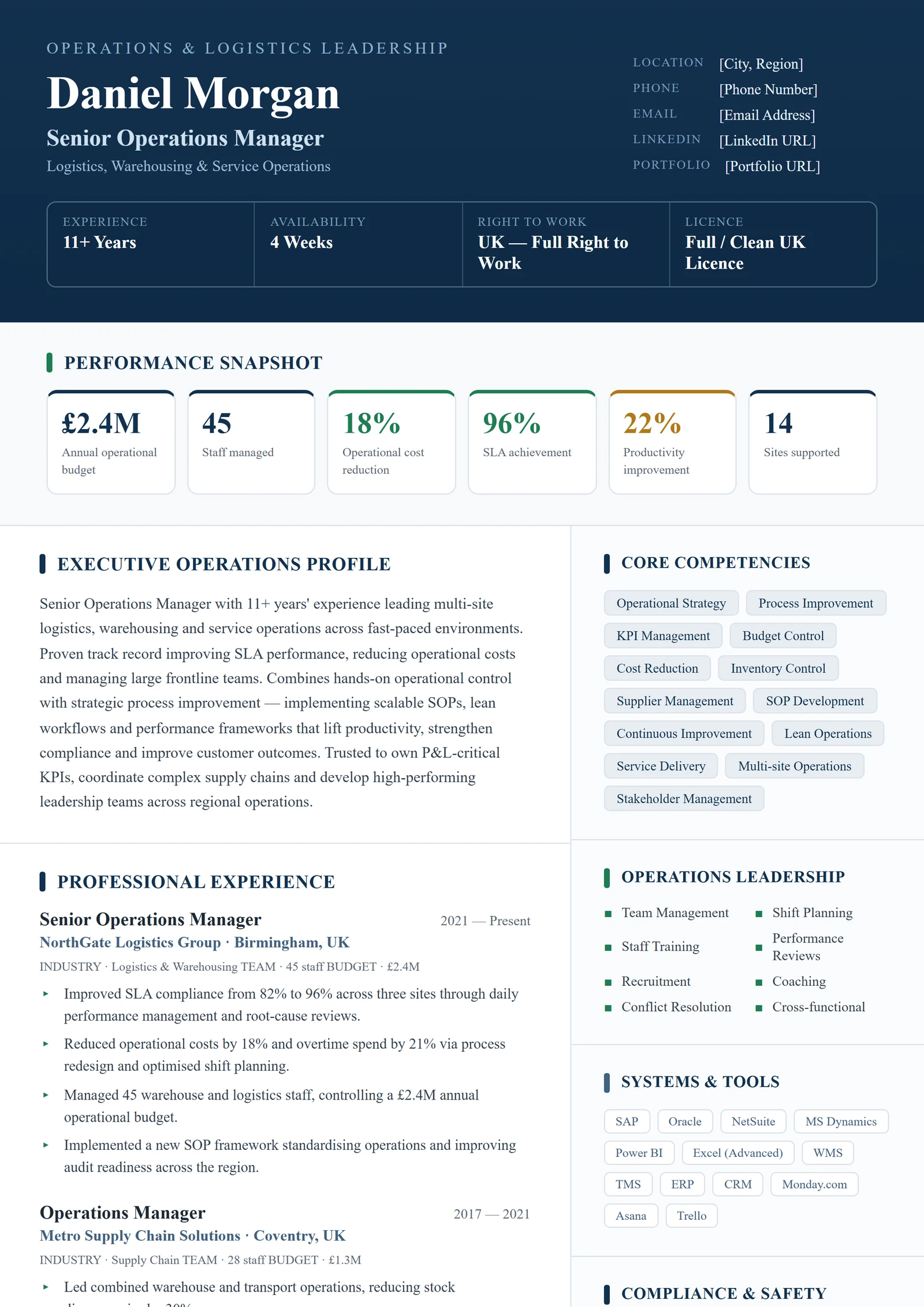 Operations Manager CV V1 résumé template preview