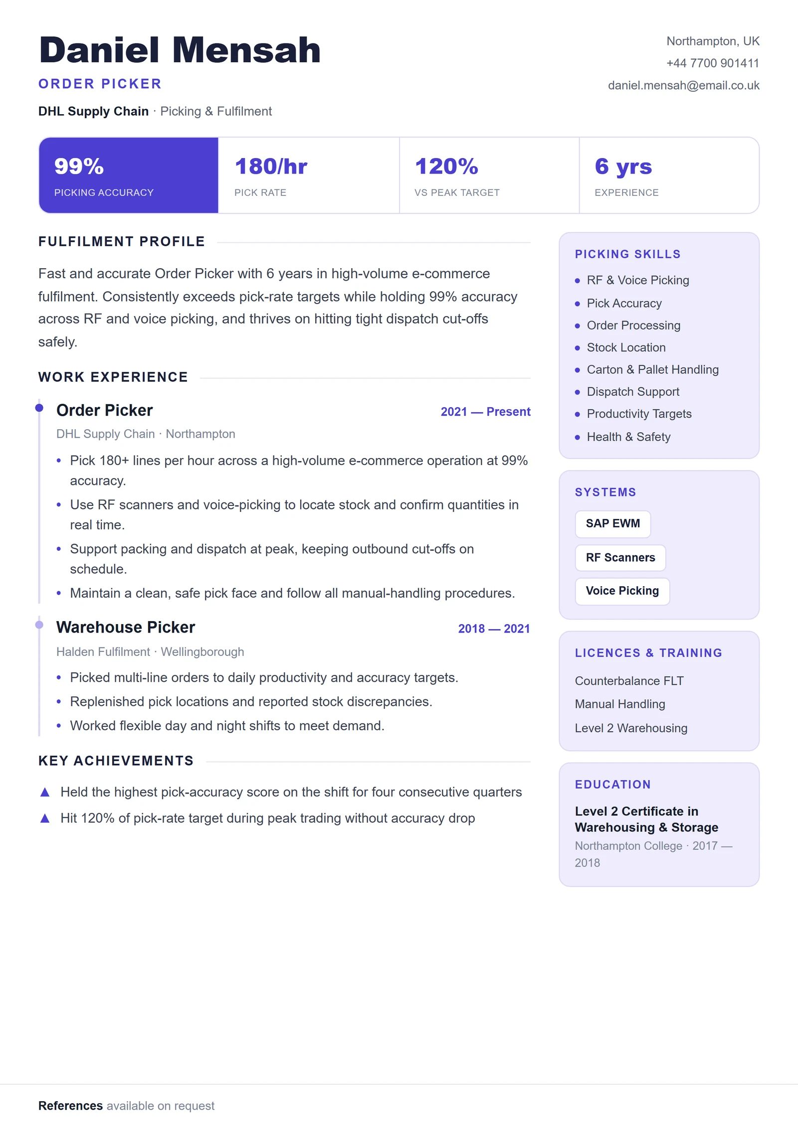 Order Picker CV template — ProResume