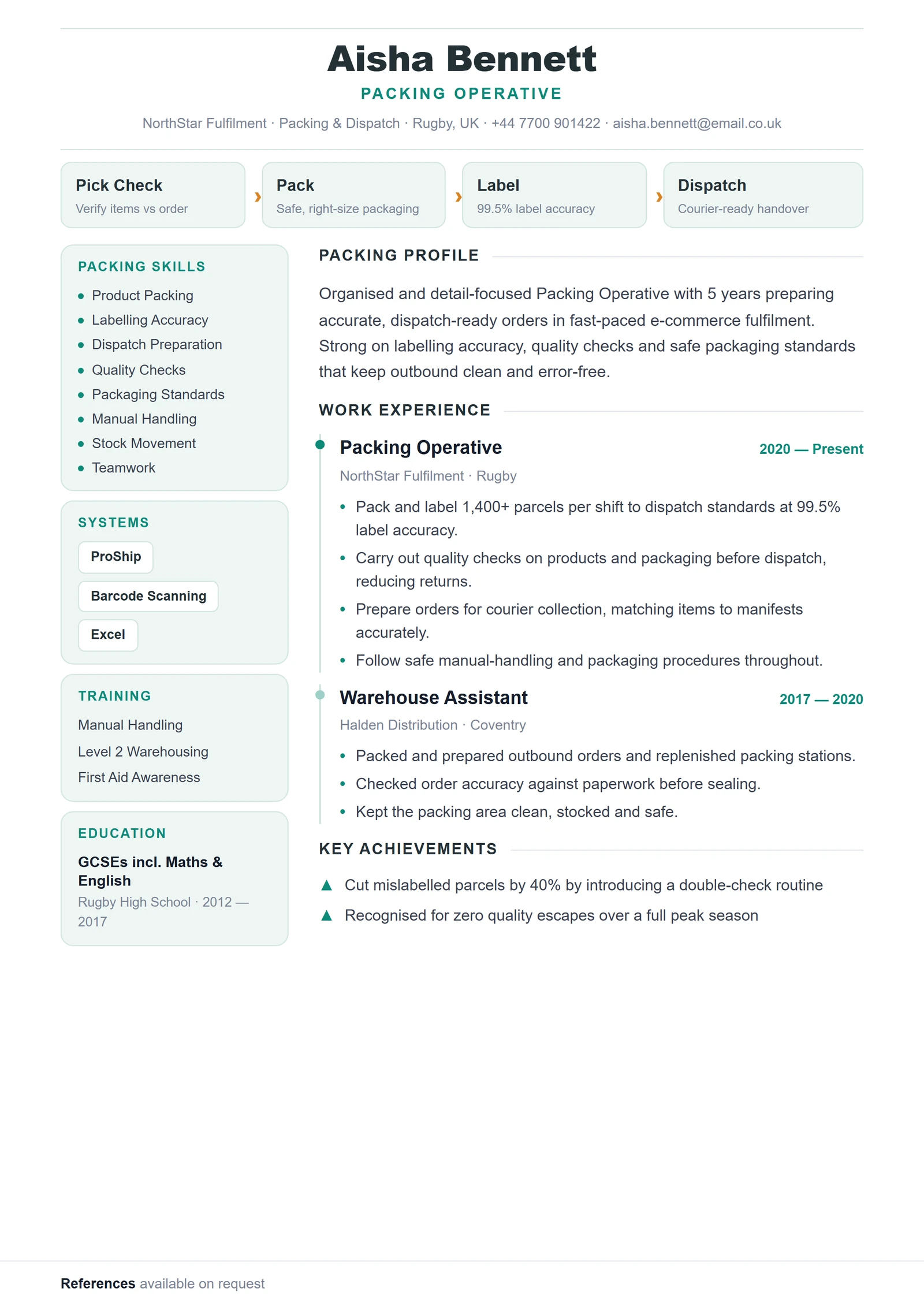 Packer / Packing Operative CV V1 résumé template preview