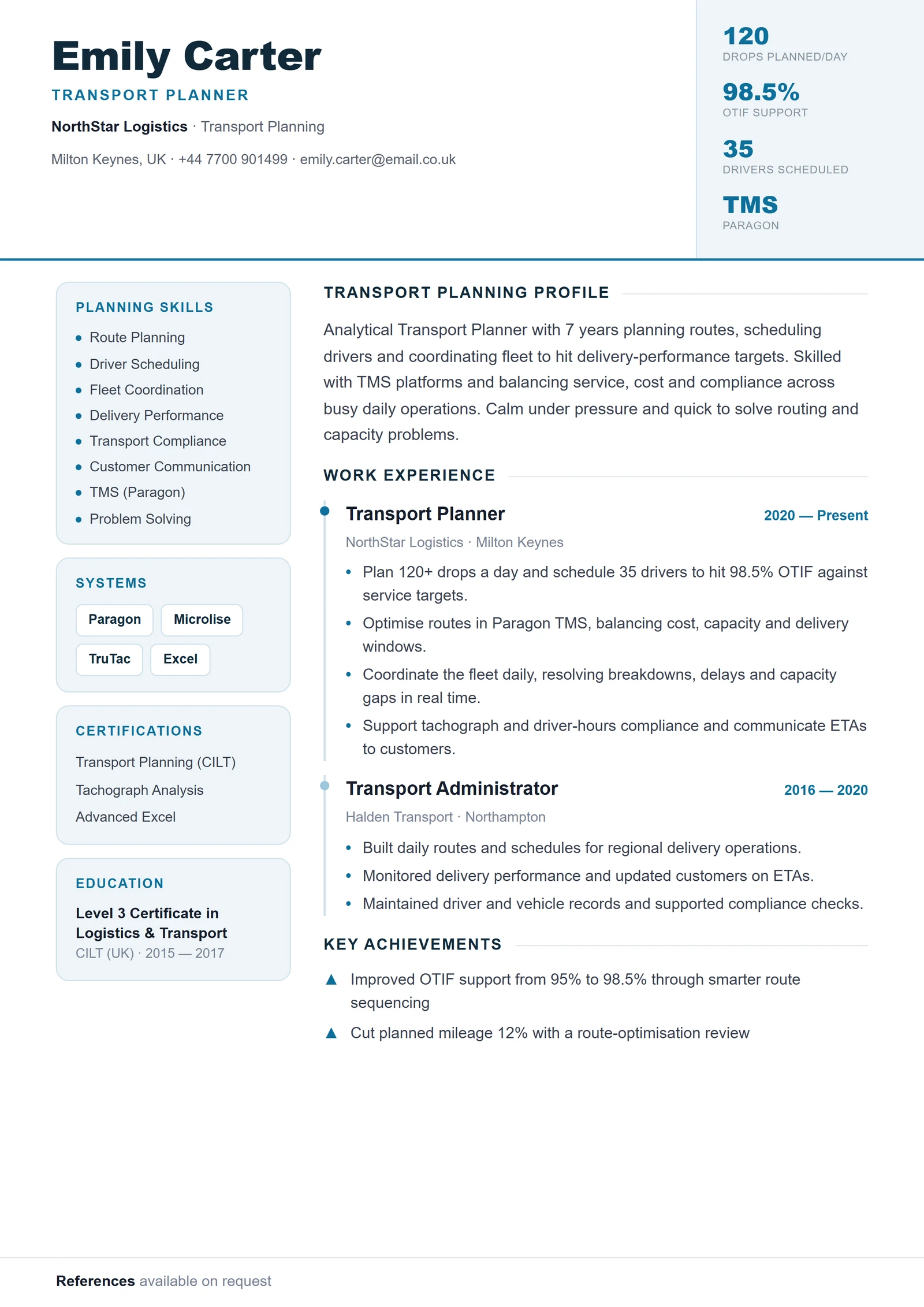 Transport Planner CV V1 résumé template preview