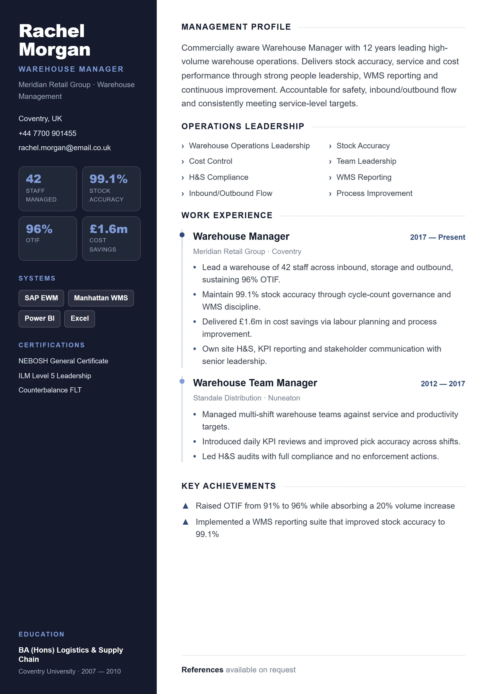 Warehouse Manager CV V1 résumé template preview