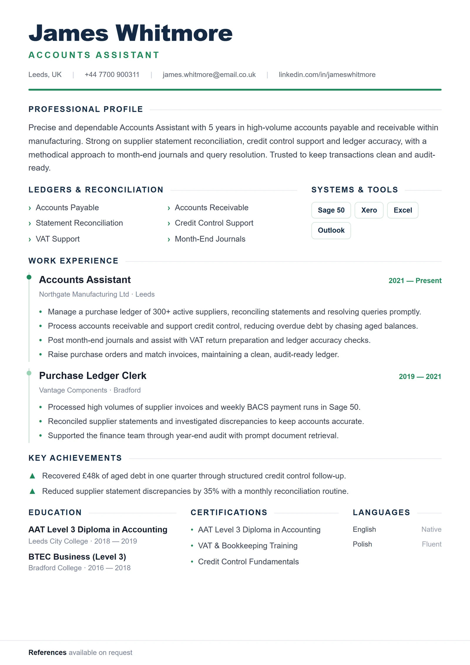 Accounts Assistant CV résumé template preview