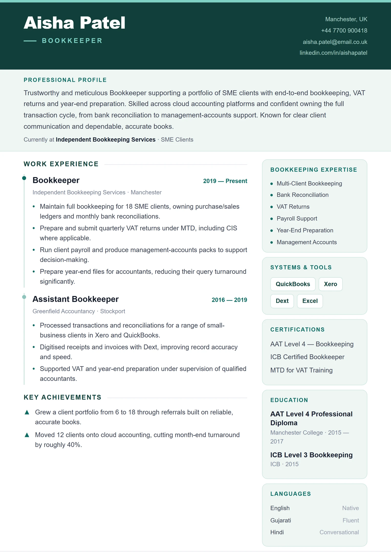 Bookkeeper CV résumé template preview