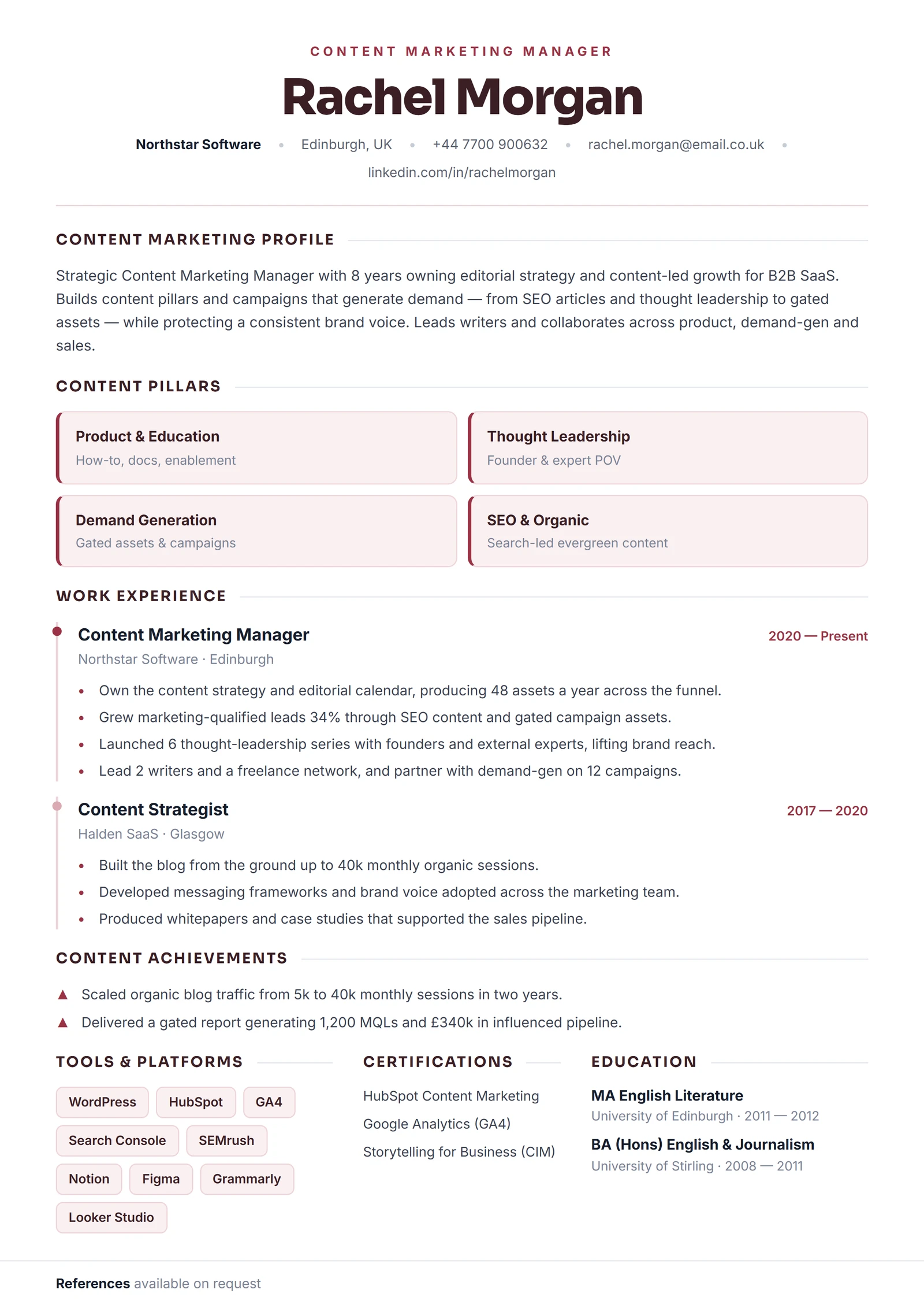 Content Marketing Manager CV résumé template preview