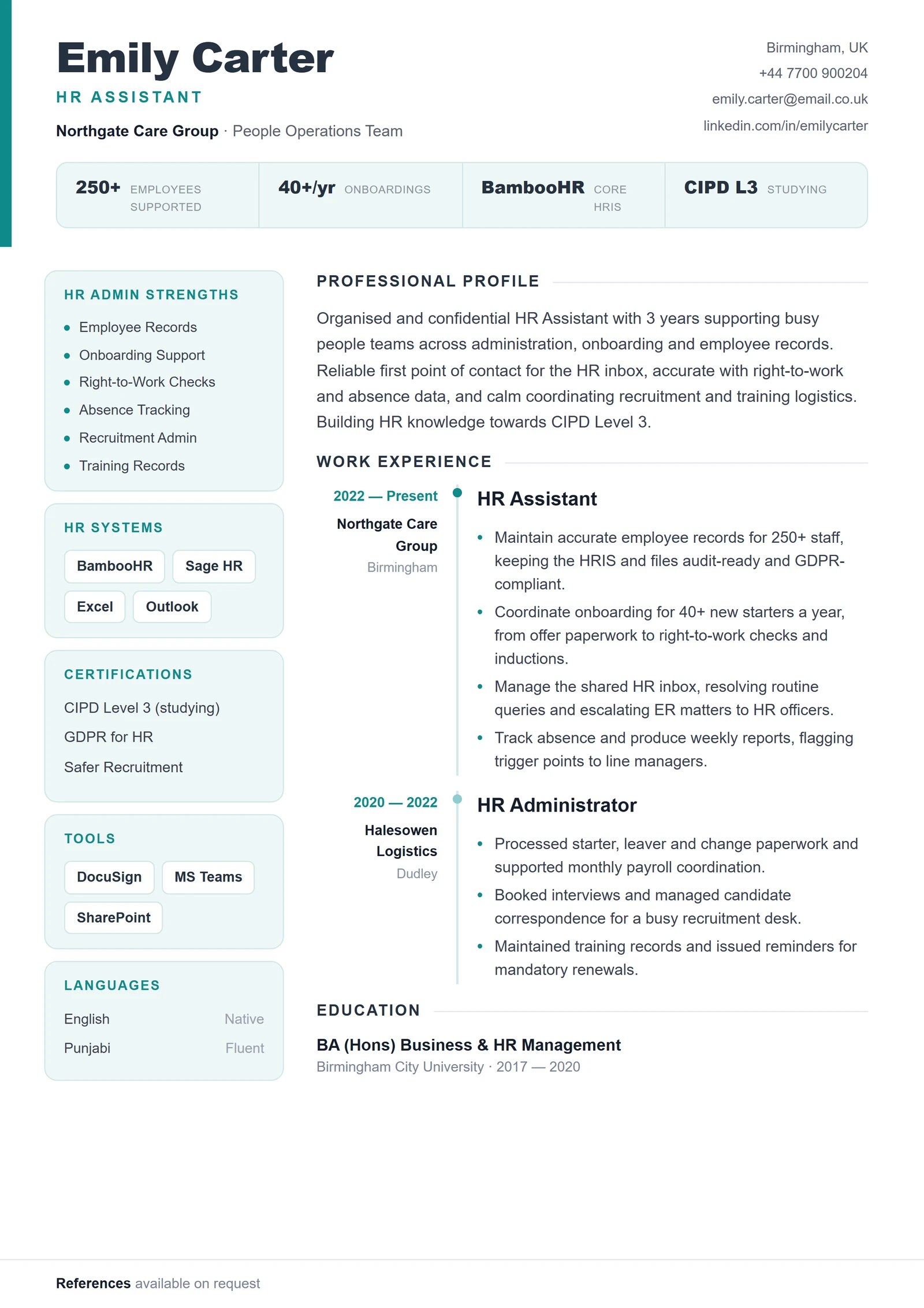 HR Assistant CV résumé template preview