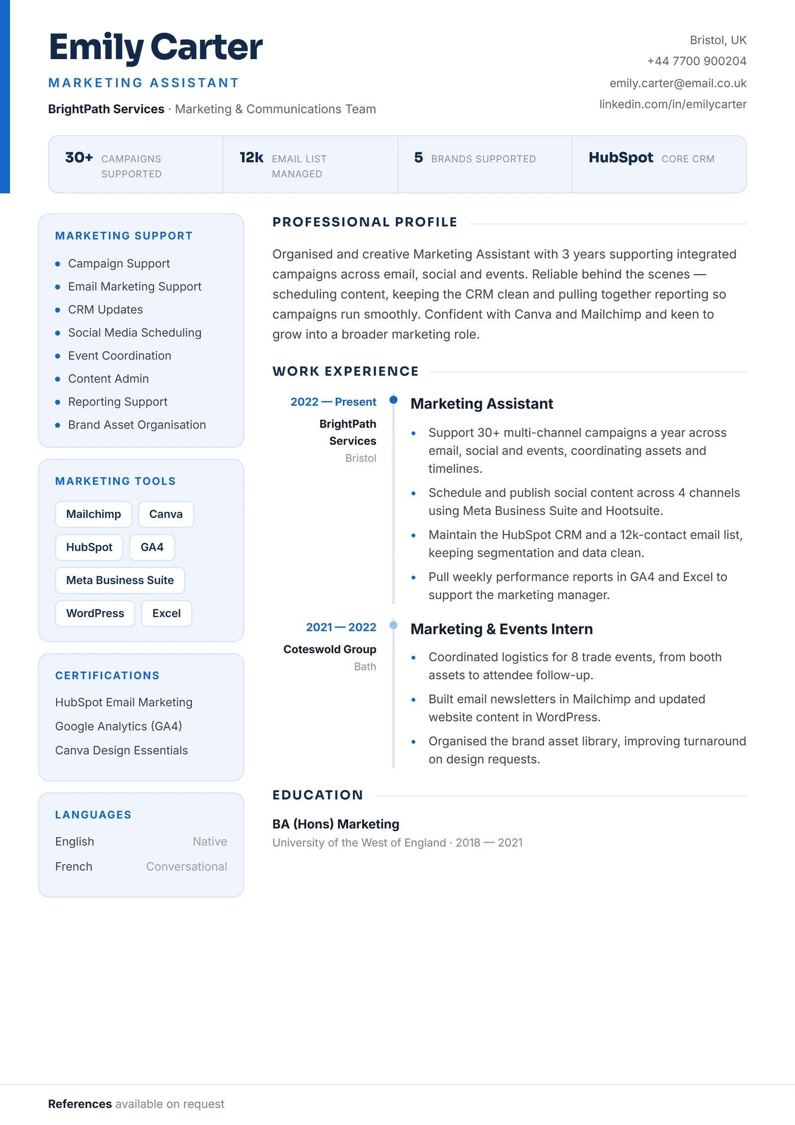 Marketing Assistant CV résumé template preview