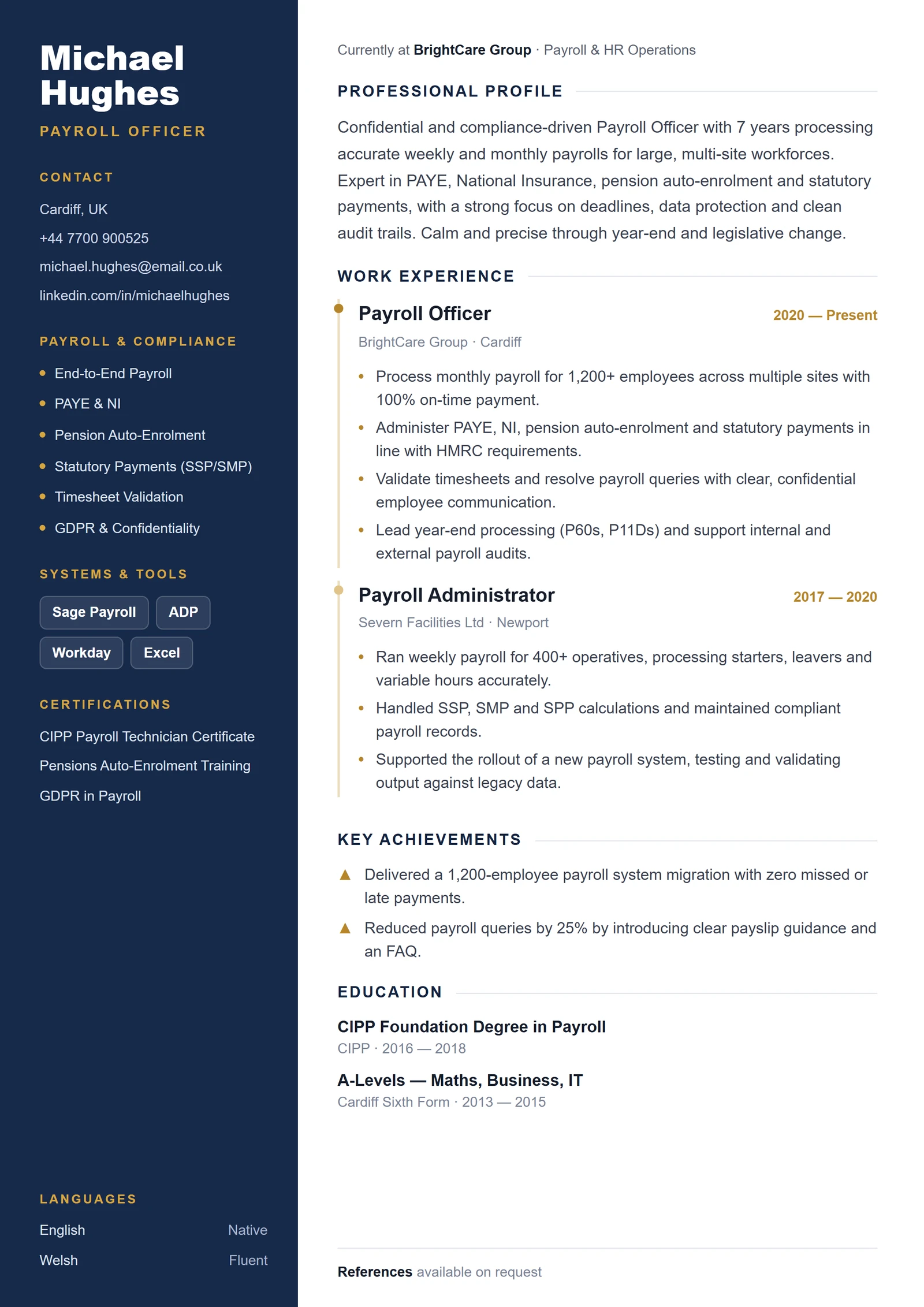 Payroll Officer CV résumé template preview