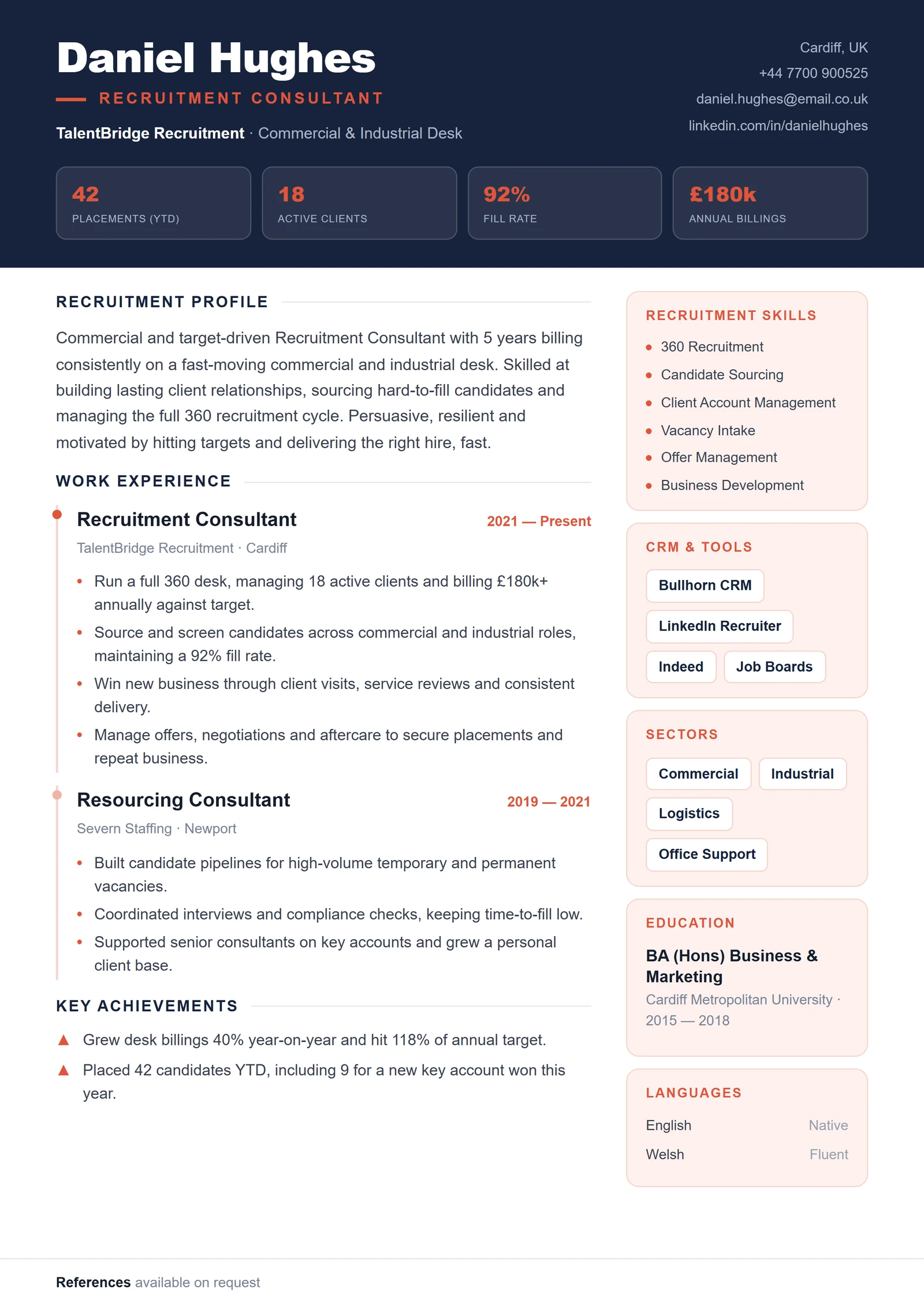 Recruitment Consultant CV résumé template preview