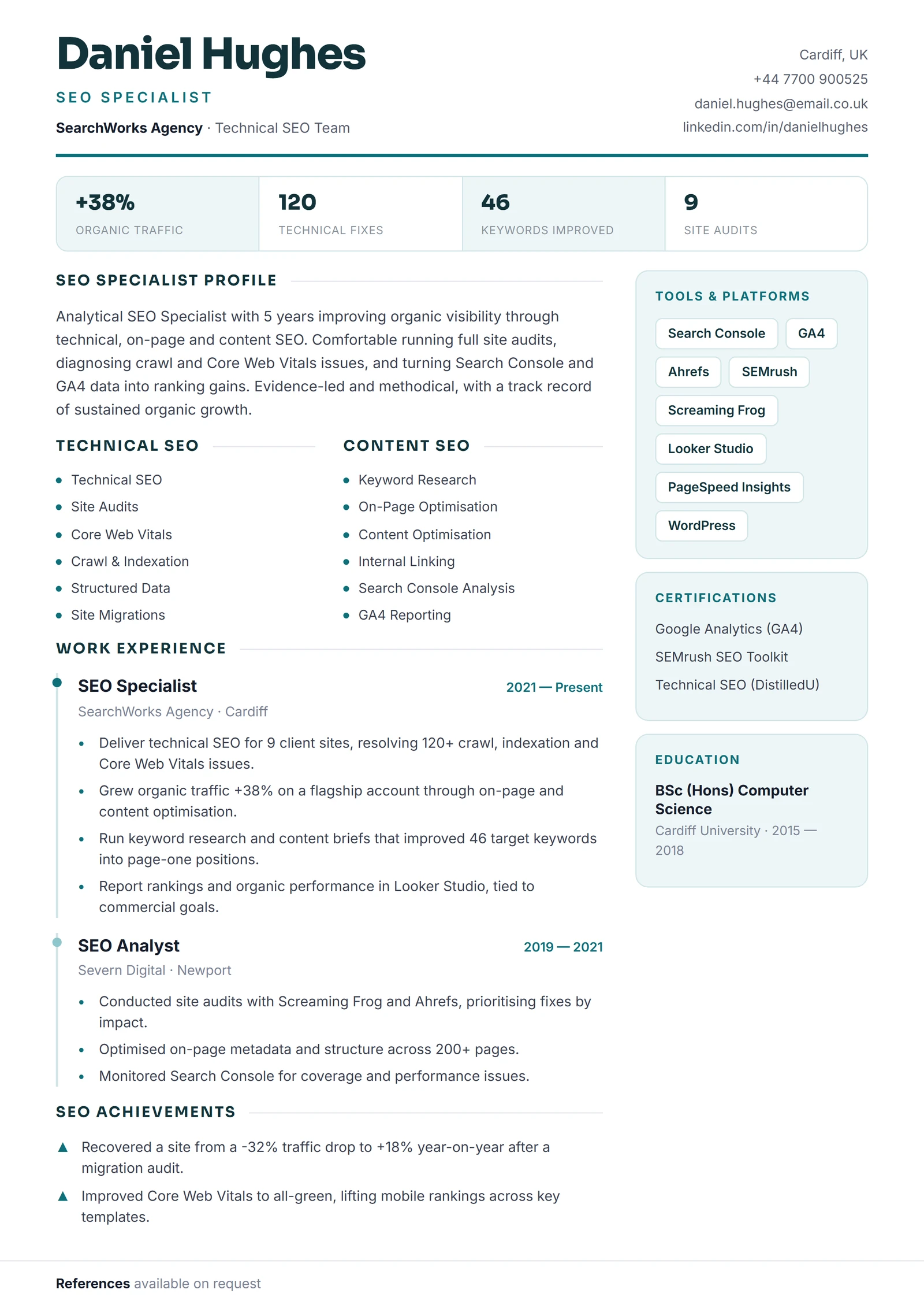 SEO Specialist CV résumé template preview