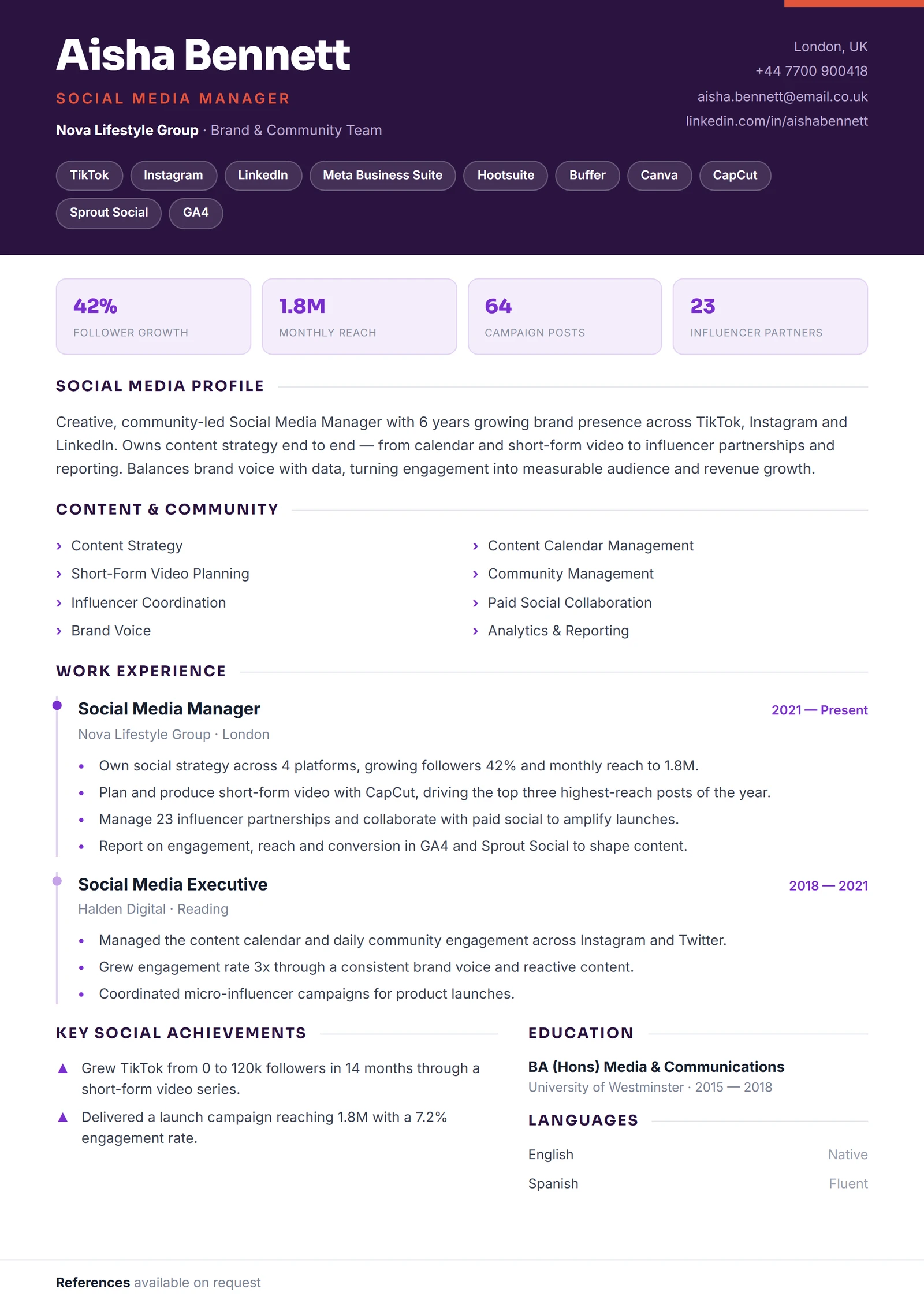 Social Media Manager CV template — ProResume