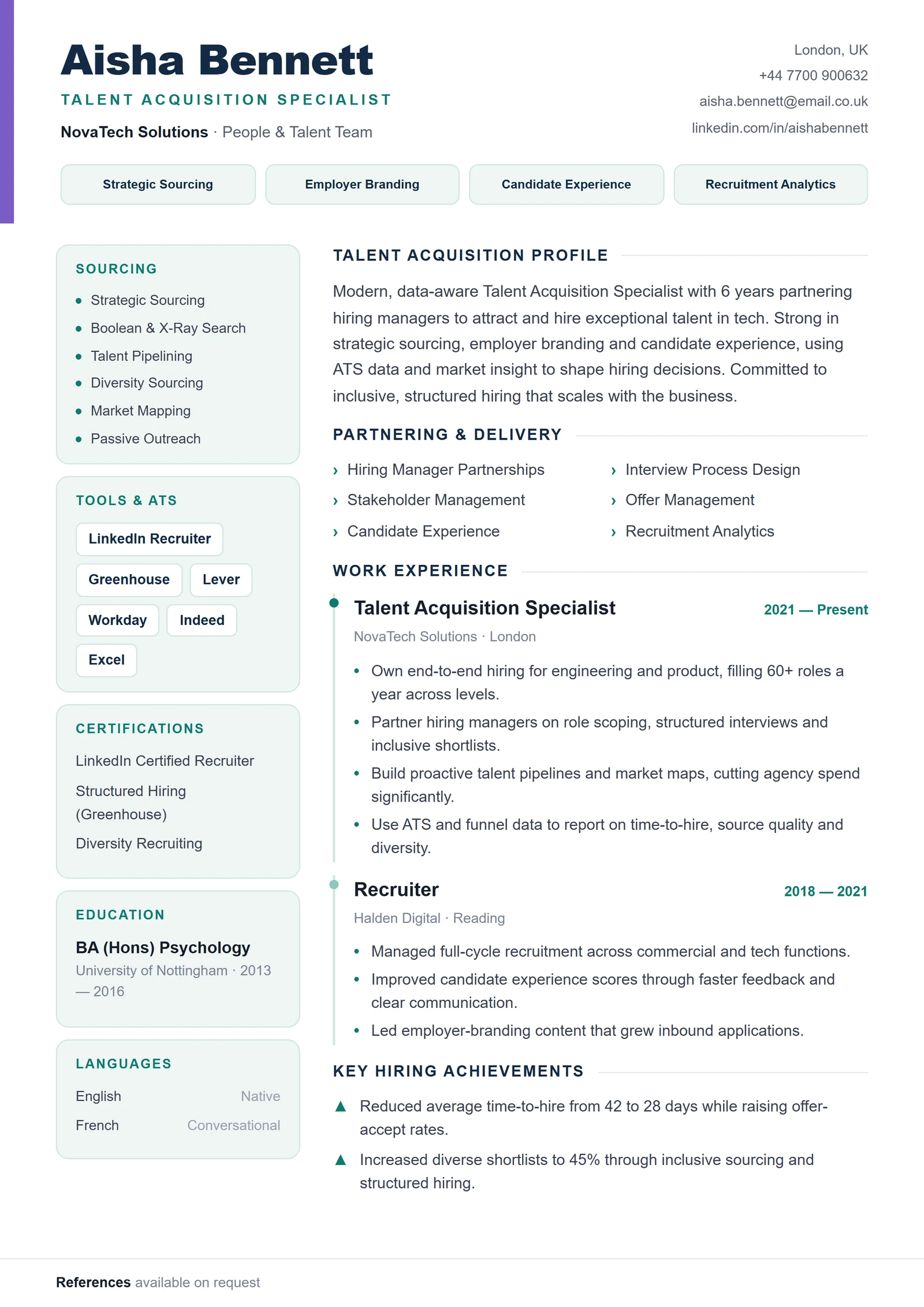 Talent Acquisition Specialist CV résumé template preview